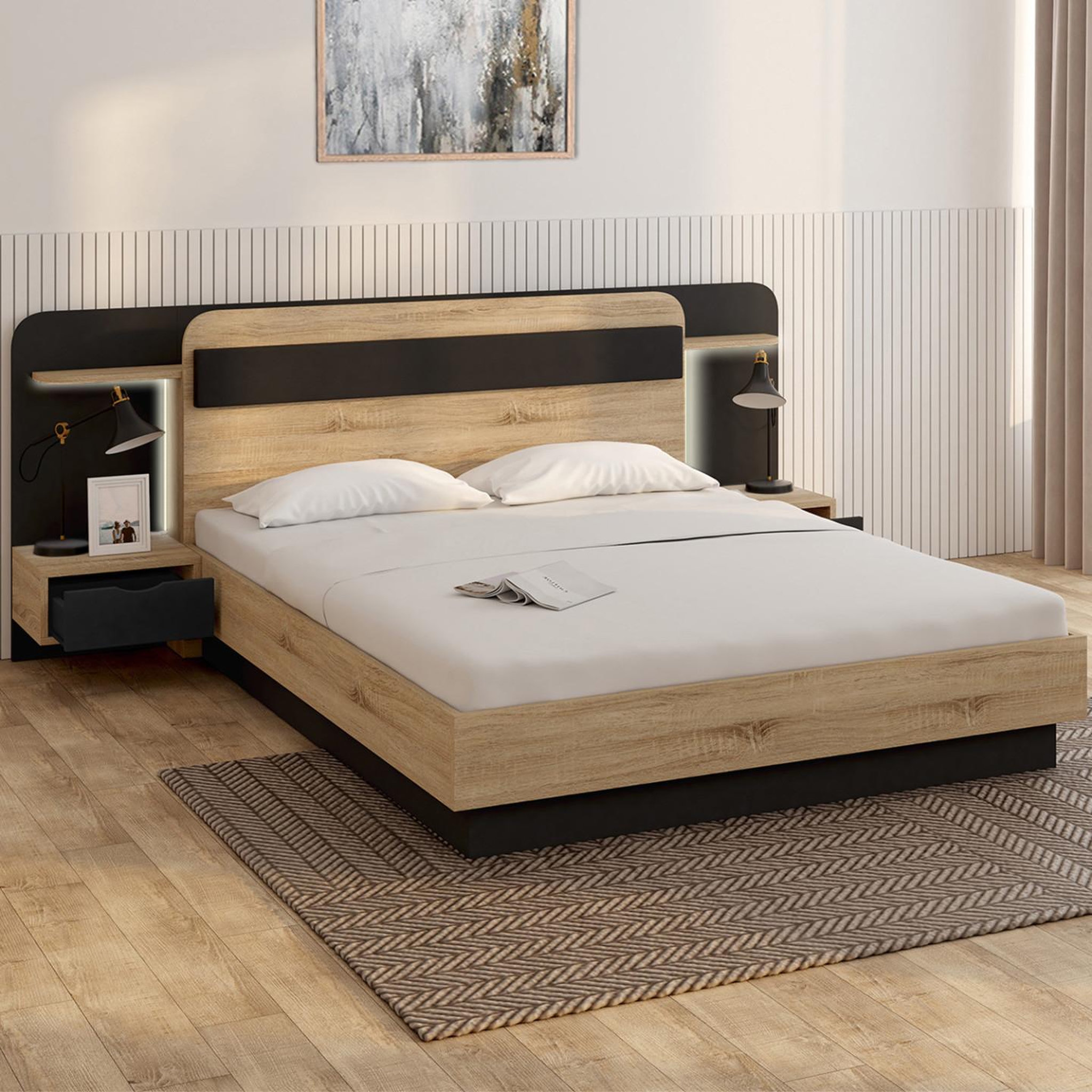 Voir la diapositive 2 : ID MARKET Lit double nathan 140 x 190 cm avec tête de lit, chevets suspendus, étagère, led et sommier bois et noir