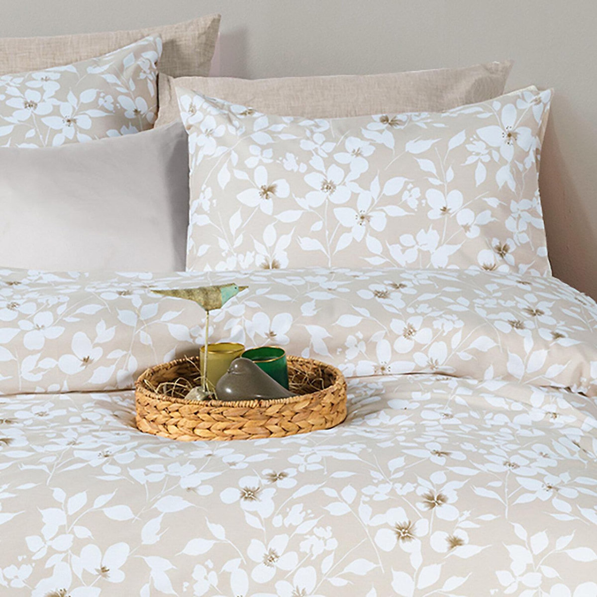 Home collection Parure housse de couette 100% coton 54 fils Imprimé - Flower beige