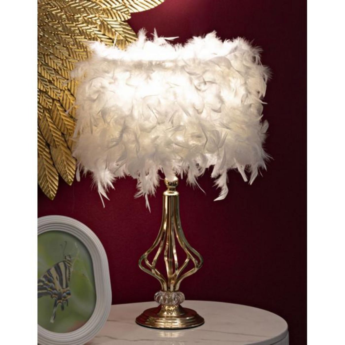 Paris Prix Lampe à Poser Imitation Plume  Tarty  54cm Or & Blanc