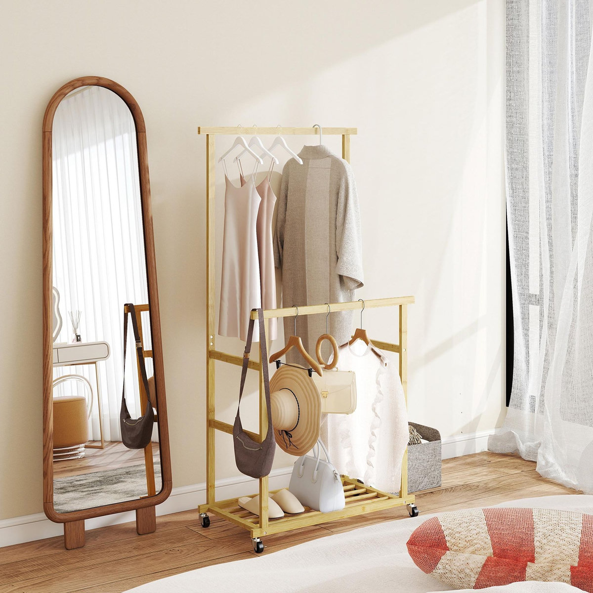 HOMCOM Portant bois bambou naturel verni - penderie mobile double barre et étagère - 80 x 40 x 160 cm