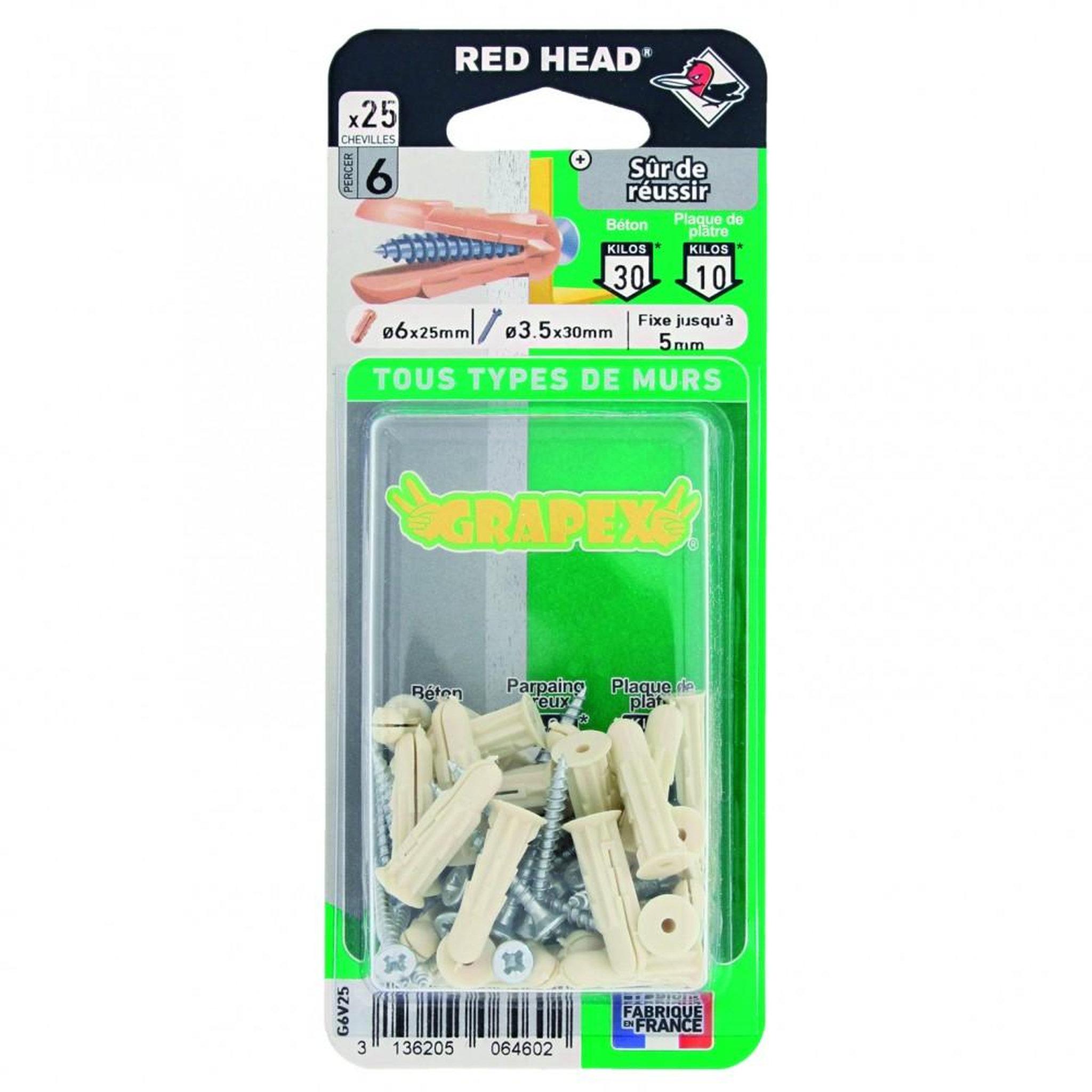 RED HEAD Lot de 25 cheville et vis RED HEAD, Diam.6 x L.25 mm