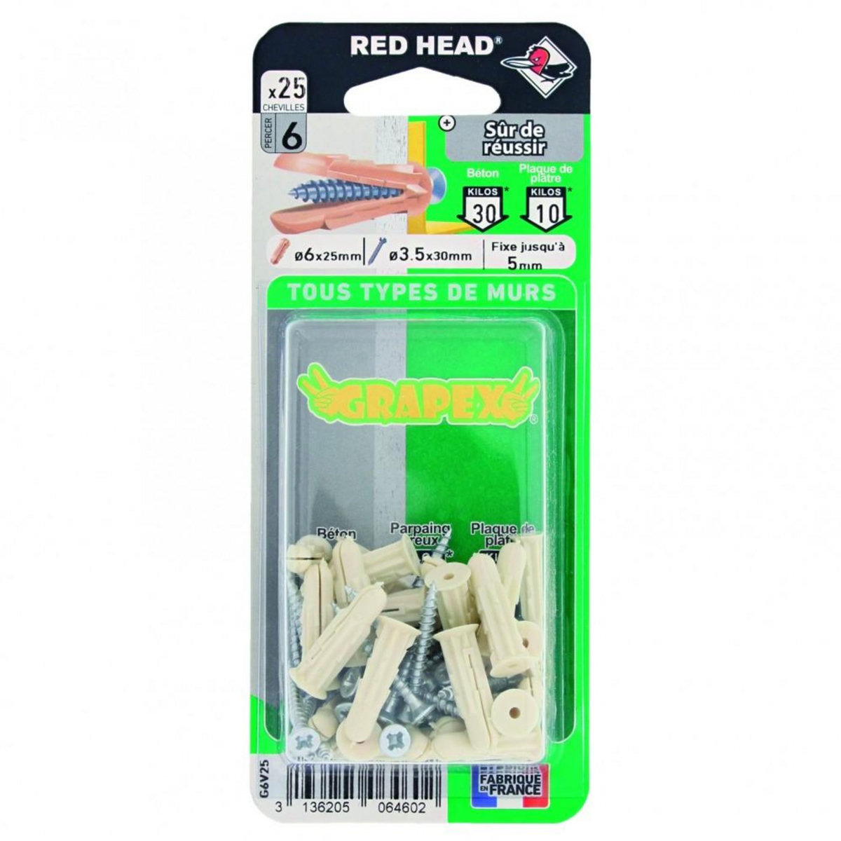 RED HEAD Lot de 25 cheville et vis RED HEAD, Diam.6 x L.25 mm