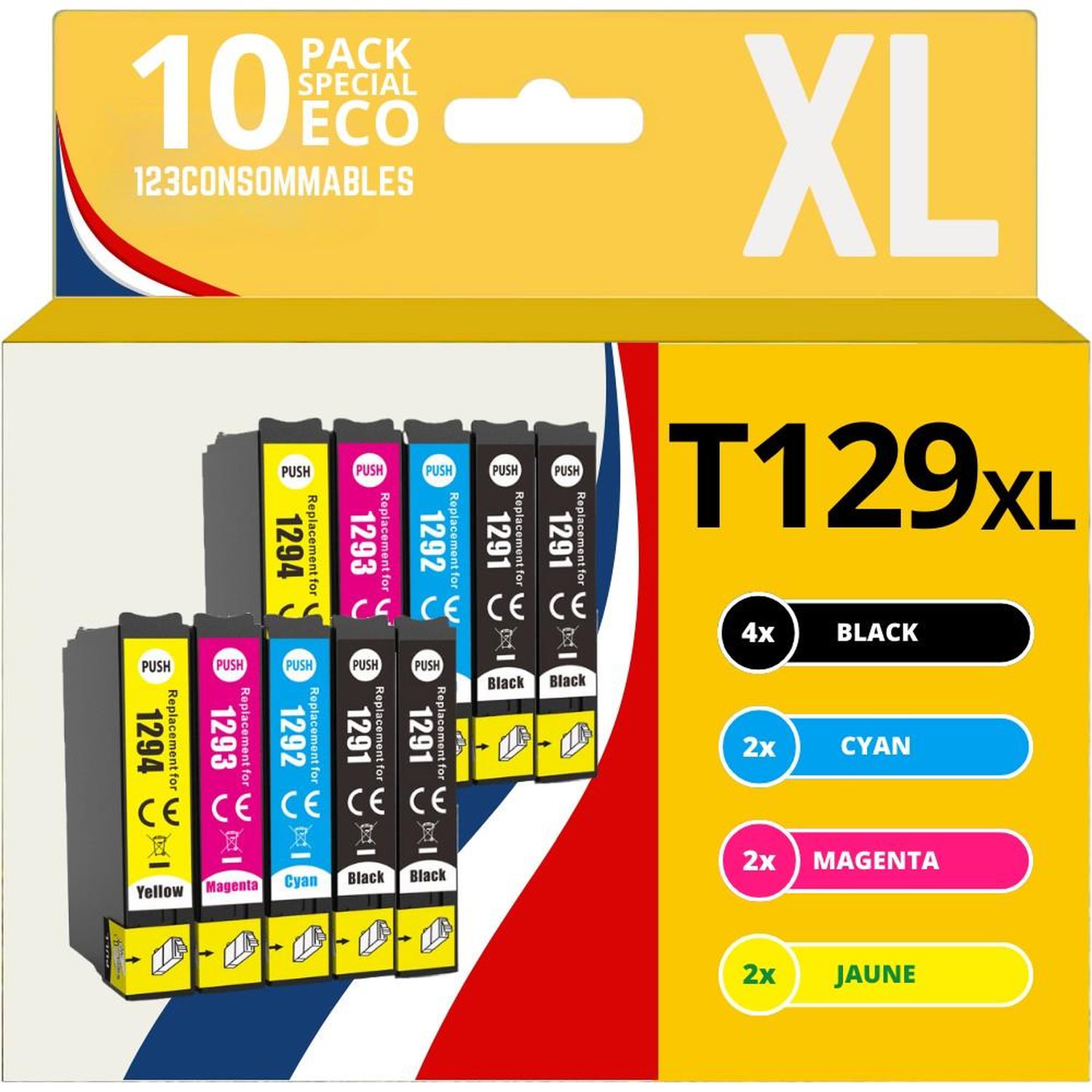 123CONSOMMABLES T1295 Pack 10 Cartouches compatibles avec EPSON T1295 pour Epson Stylus SX525WD SX535WD SX425W SX230W SX235W Stylus Office BX635FWD BX305FW Workforce WF 3520 Neuf - vue 3
