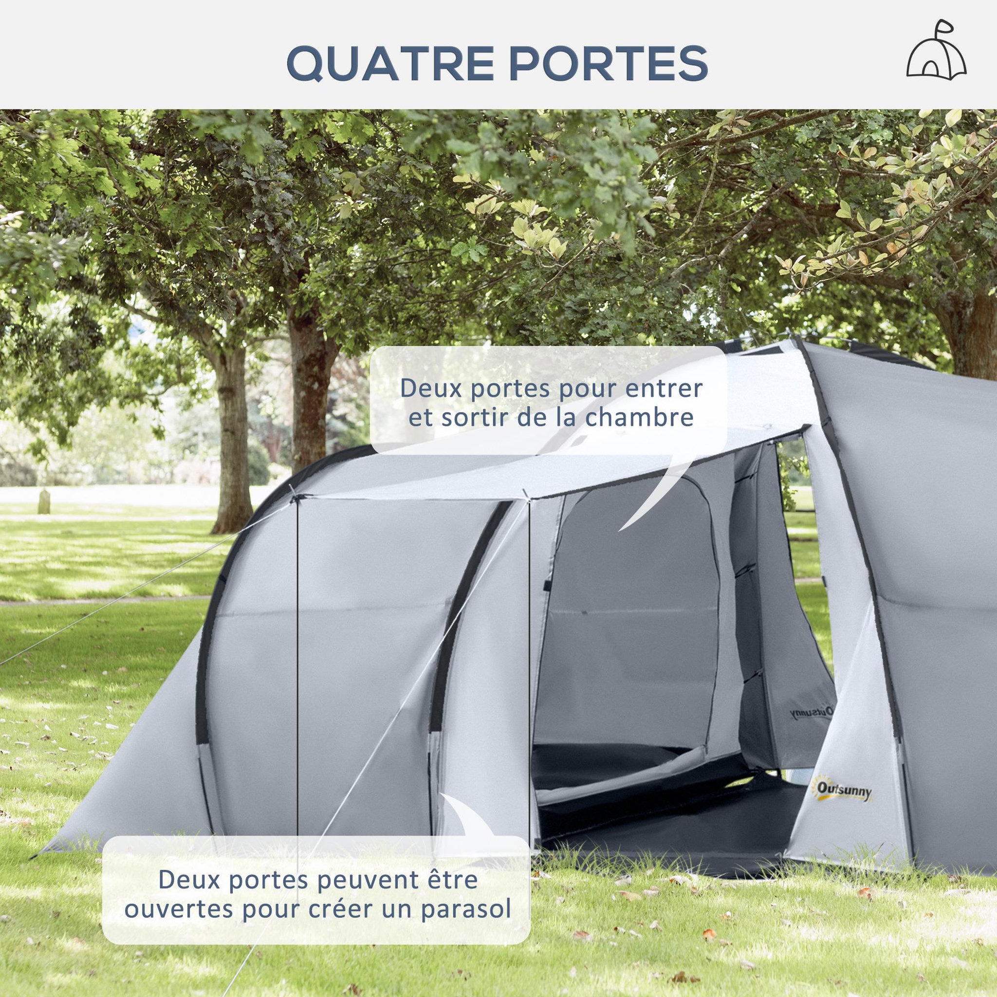 Voir la diapositive 5 : OUTSUNNY Tente de camping familiale 4-6 personnes 2 cabines 2 portes auvent 5,9l x 2,45l x 1,93h m rouge gris