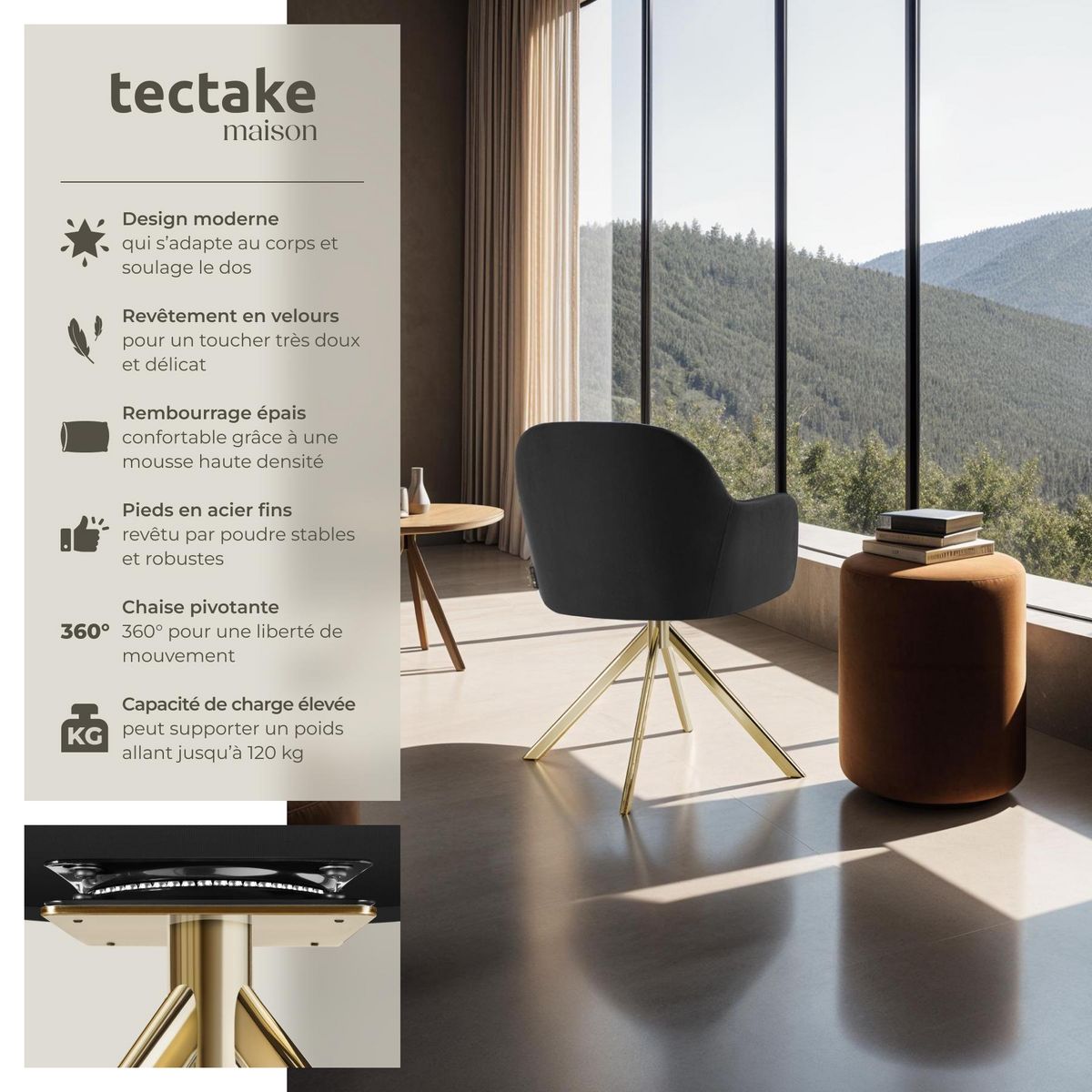 tectake Chaise pivotante en velours rembourrée noir/or Lot de 2