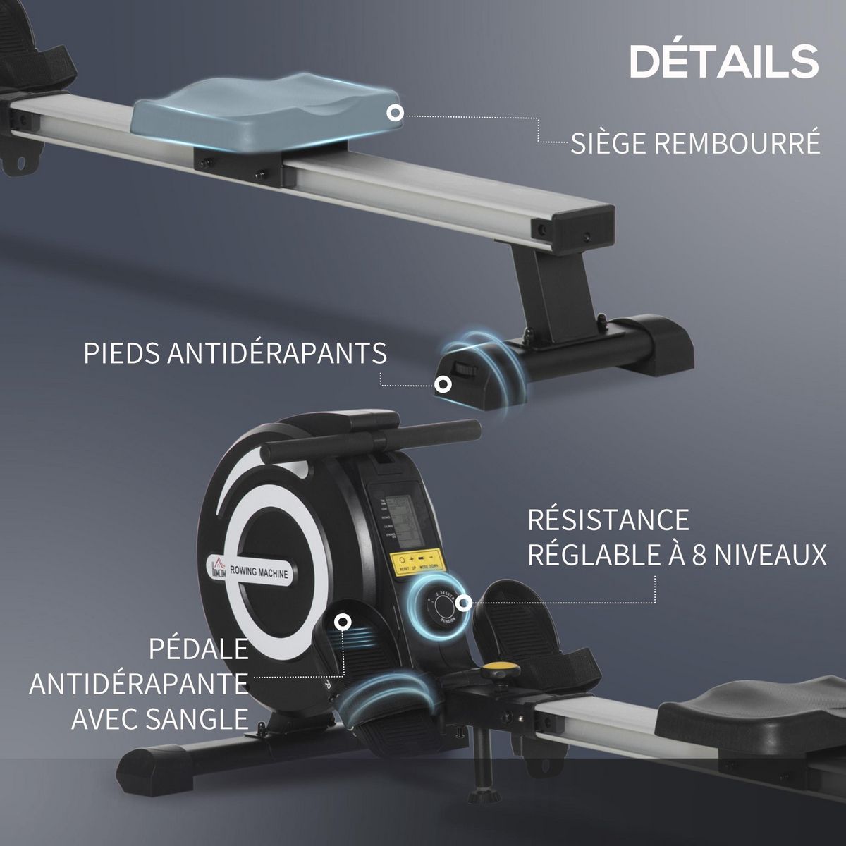 HOMCOM Rameur d'appartement pliable - 8 niveaux de résistance magnétique - écran LCD multifonction - acier alu. ABS noir blanc