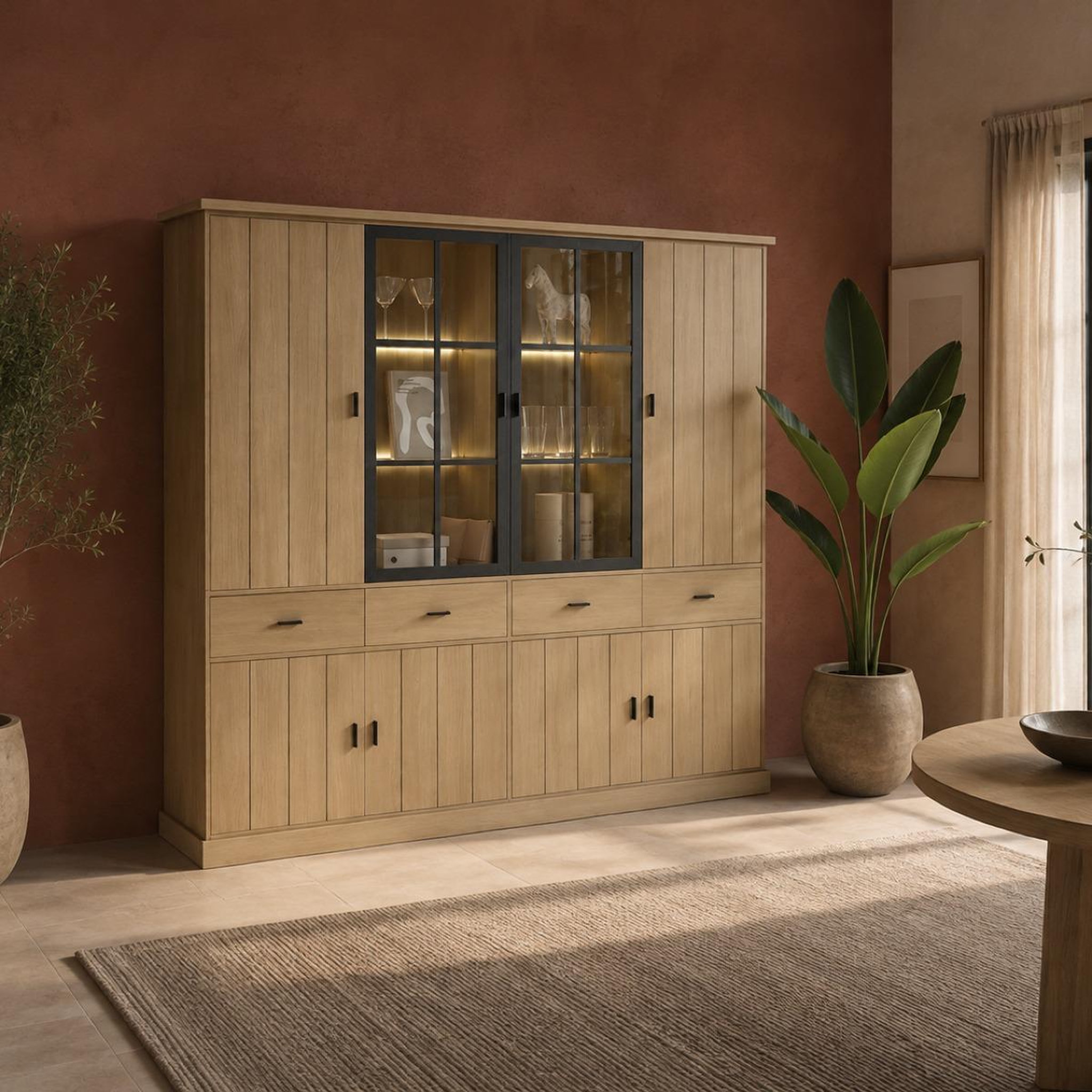 Voir la diapositive 2 : JLC KREATION Vaisselier en bois 4 portes dont 2 vitrées teodora