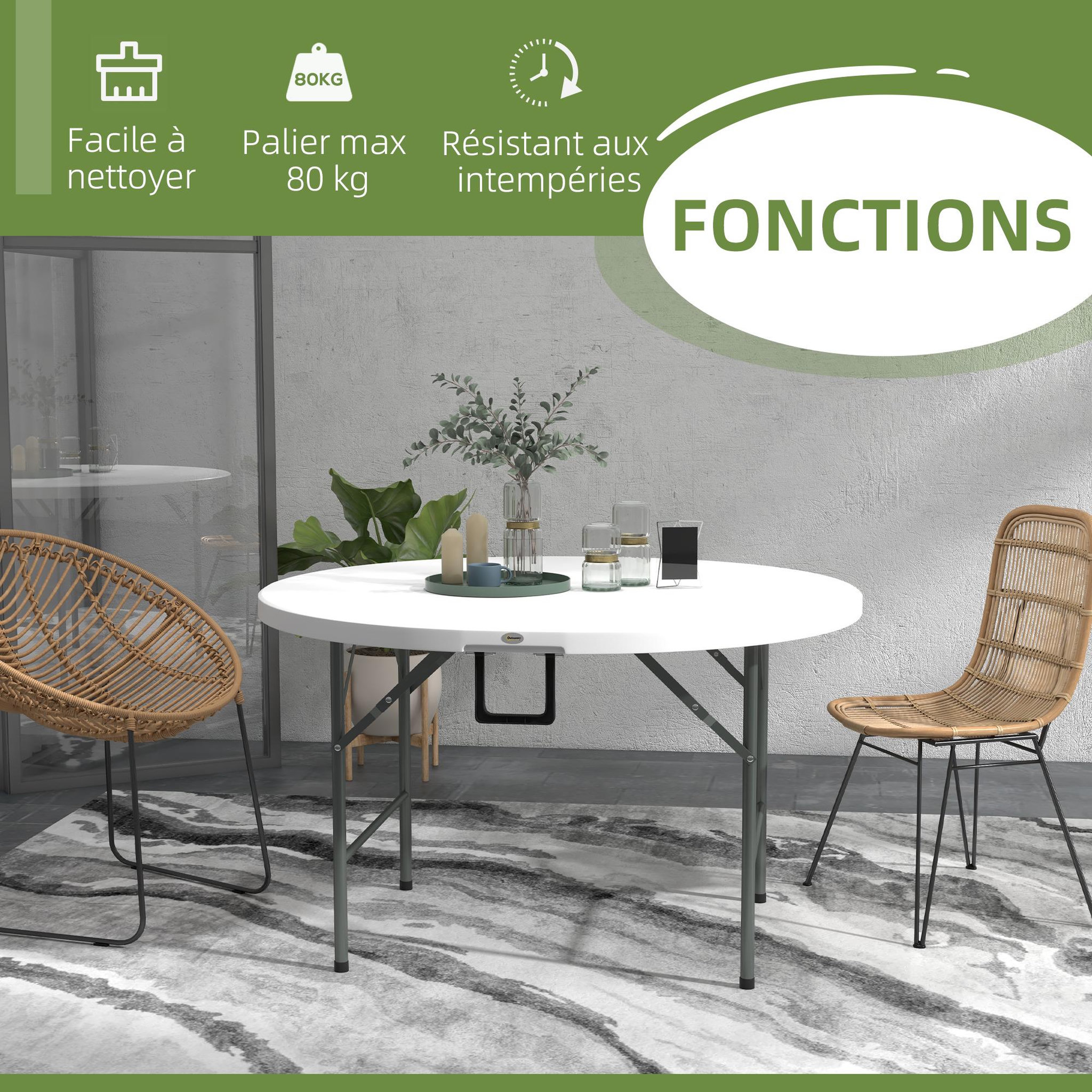 Voir la diapositive 5 : OUTSUNNY Table pliante table de camping pliable table de jardin ø 122 x 73h cm poignée acier époxy hdpe blanc
