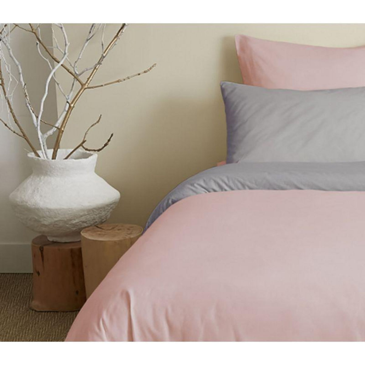 COTON PUR Pack complet 6 pièces Rose/Gris réversible housse de couette pour lit 140 x 190 cm