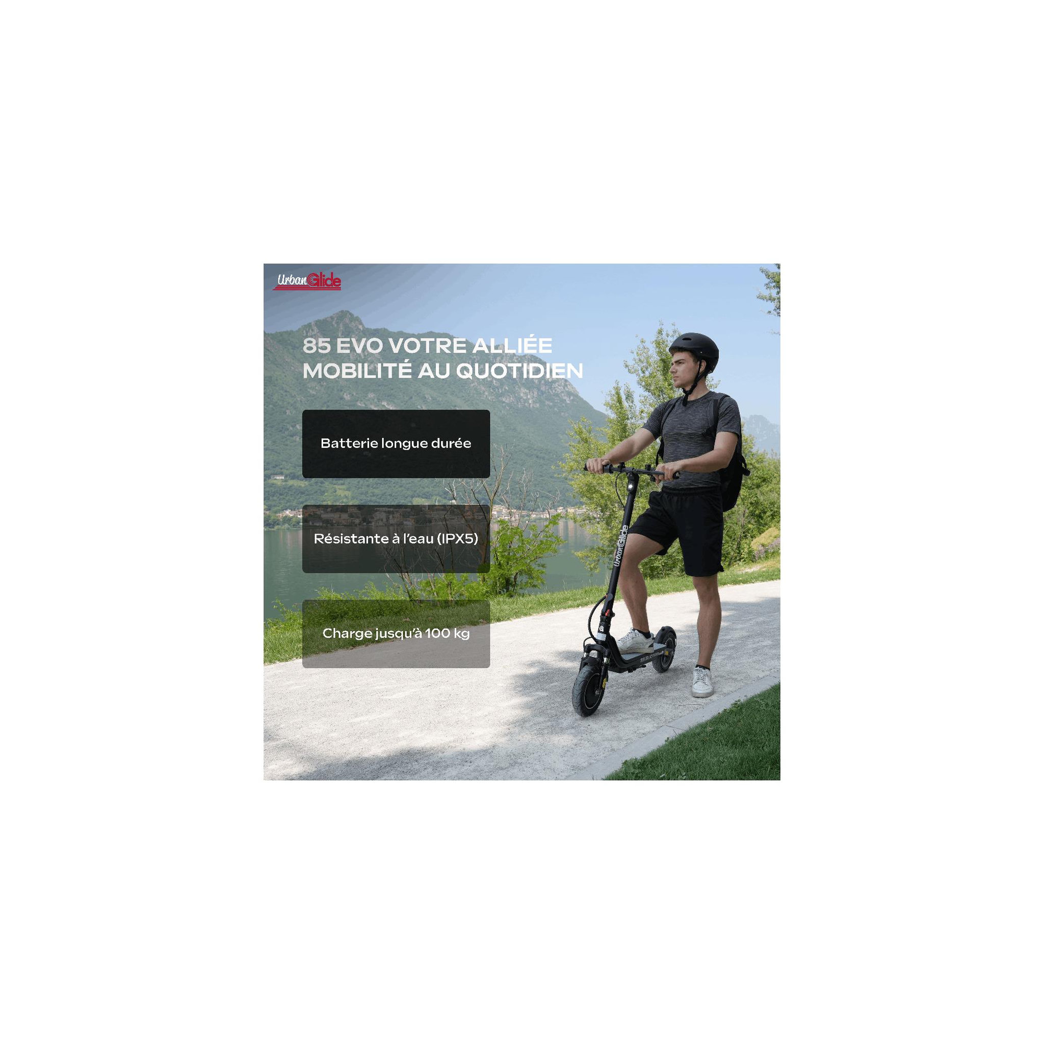 Voir la diapositive 2 : URBANGLIDE Trottinette Électrique Adulte URBANGLIDE 85 EVO, Autonomie 20 Km, Vitesse Max 25 Km/h, Pliable, Suspension Avant Double, Frein à Disque Arrière, Pneus 8,5