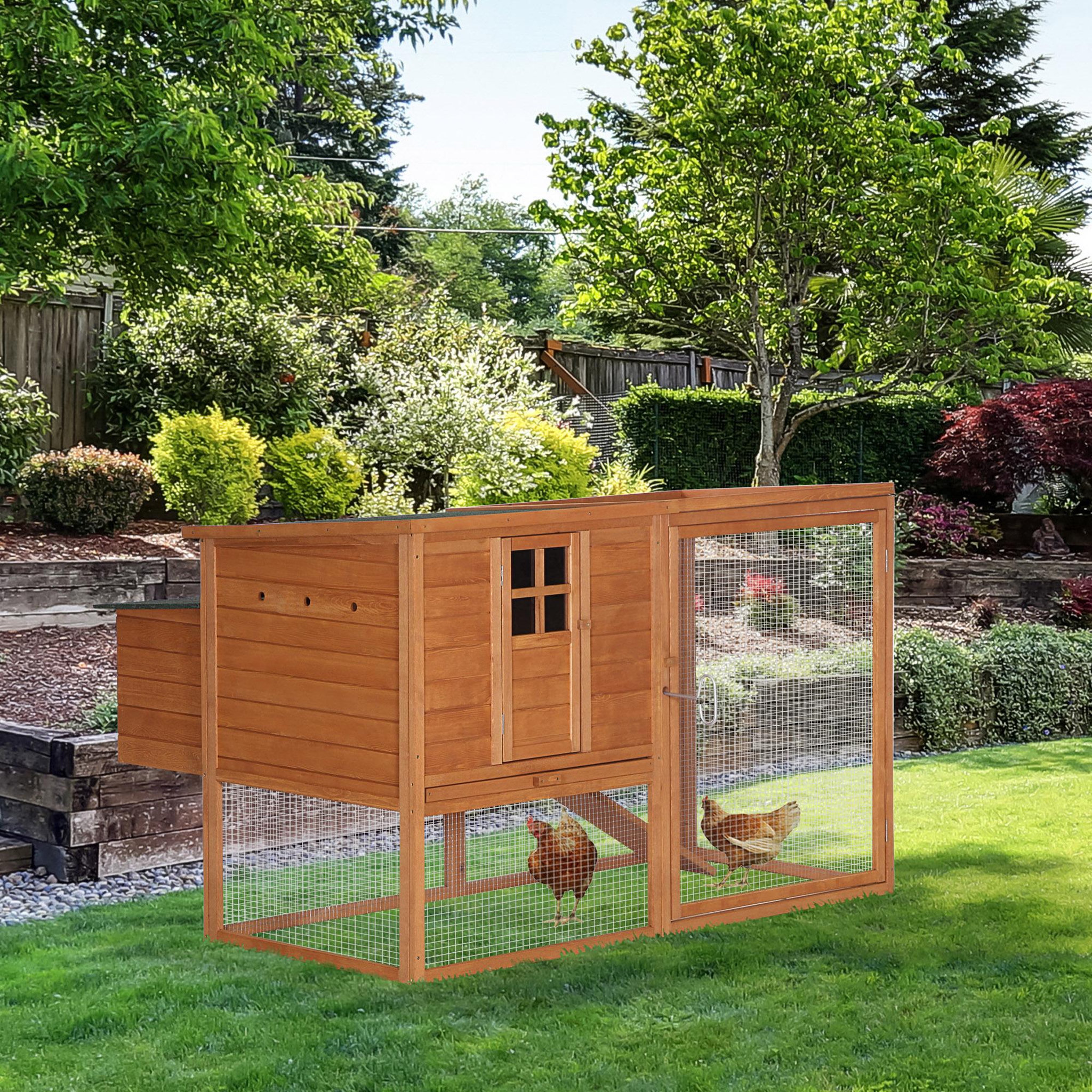 Voir la diapositive 2 : PAWHUT Poulailler cottage cage à poules sur pied dim. 168L x 110l x 101H cm multi-équipement bois sapin lasuré