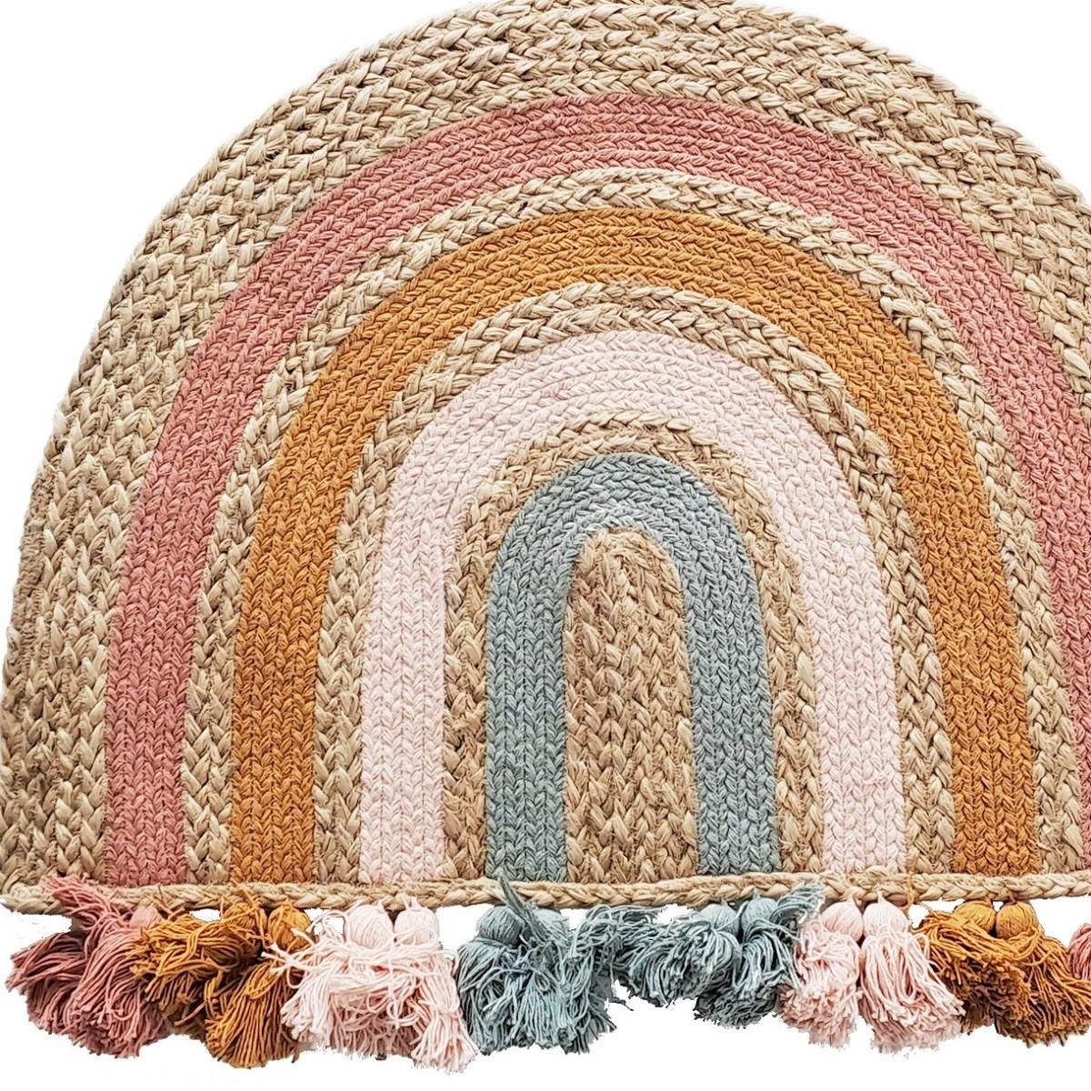 FUTURE HOME Tapis enfant arc-en-ciel à pompons en jute 72x52cm