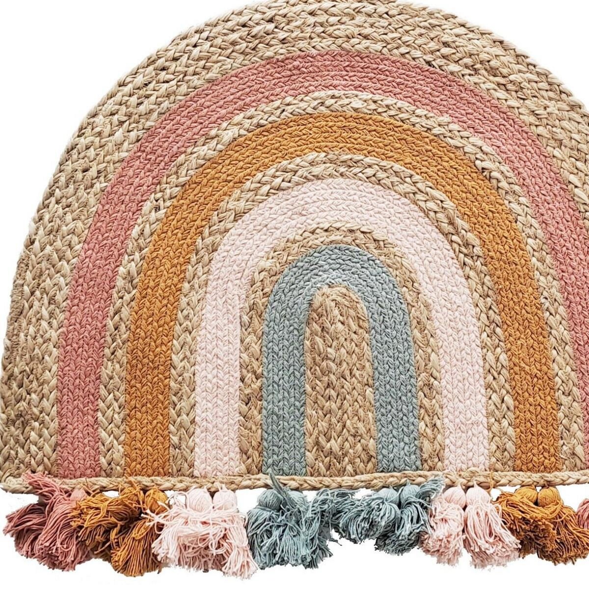 FUTURE HOME Tapis enfant arc-en-ciel à pompons en jute 72x52cm