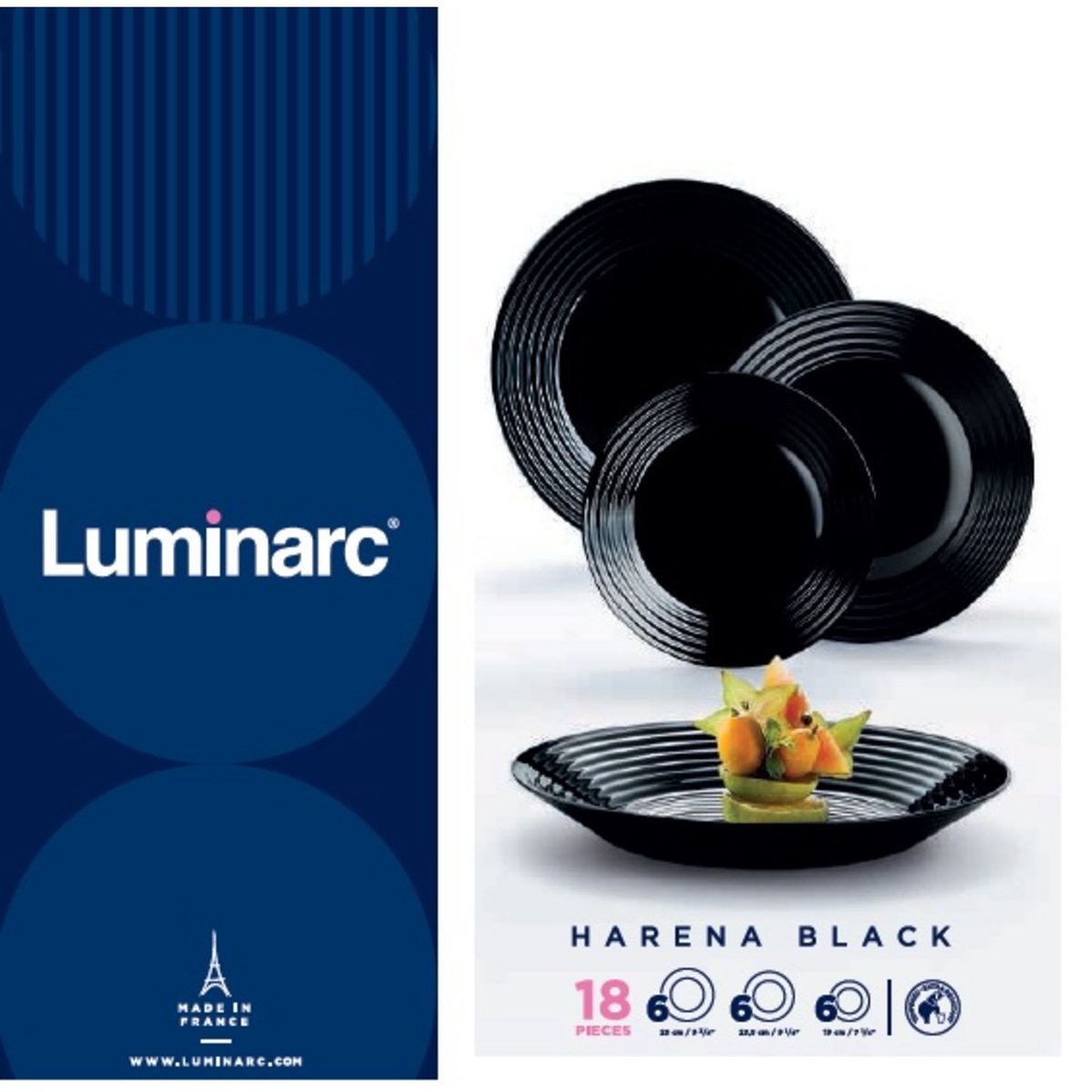 LUMINARC Service d'assiettes 18 pièces en verre HARENA Noir