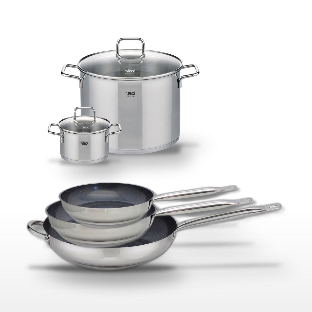 ELO Lot de 3 Poêles 24/28/32 cm Elo Profi Therm Platinum et 2 Faitouts Elo Citrin
