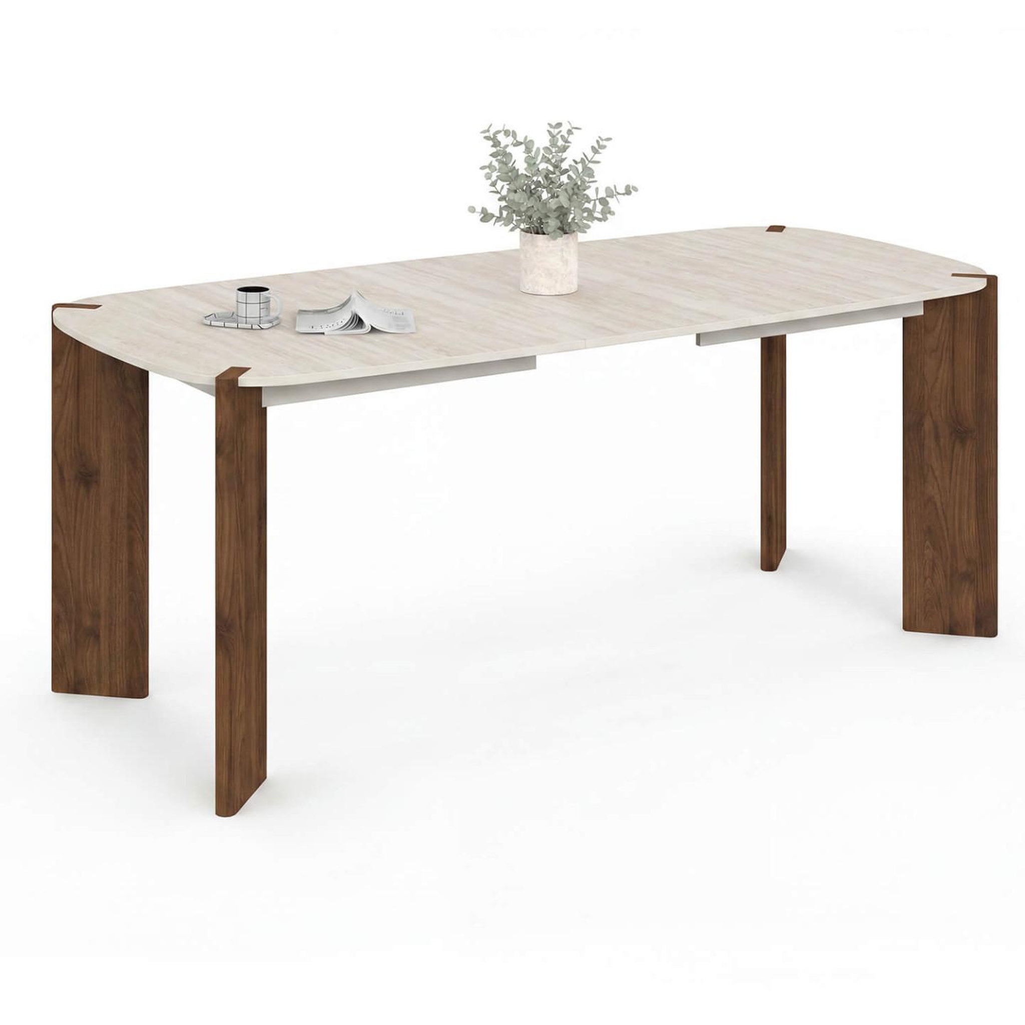 ID MARKET Table à manger extensible rectangulaire arrondie tess 6-10 personnes 4 pieds arrondis noyer plateau travertin 160-200 cm