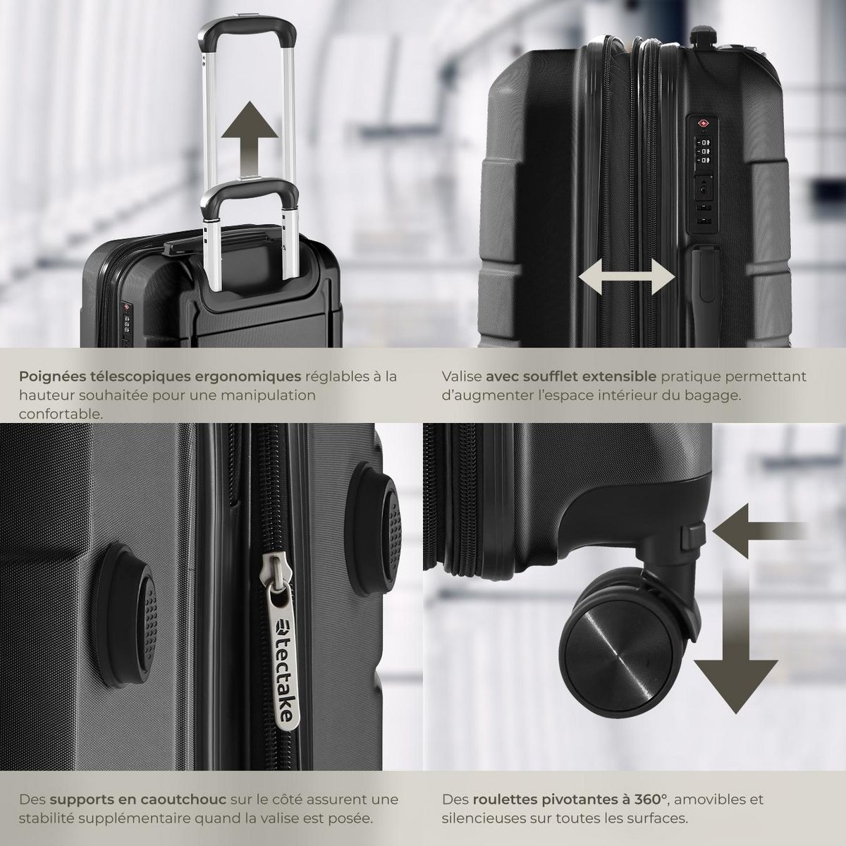 tectake Set de valises de voyage 3 pièces en plastique ABS robuste avec revêtement en polycarbonate noir