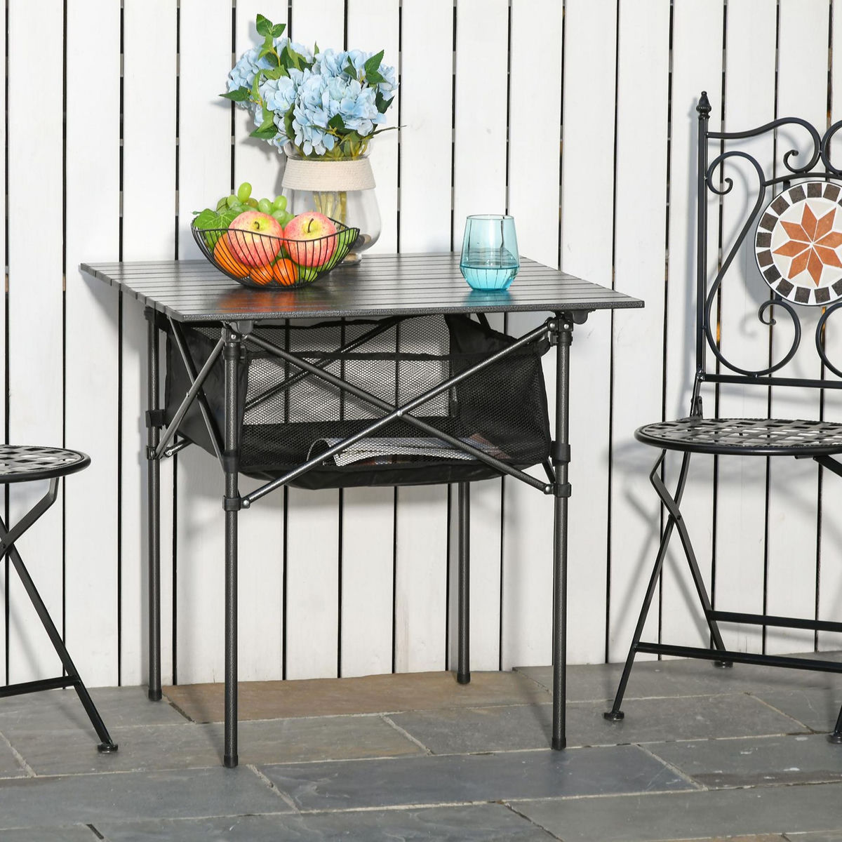 OUTSUNNY Table pliante table de camping table de jardin filet rangement + sac transport plateau alu. châssis métal époxy noir