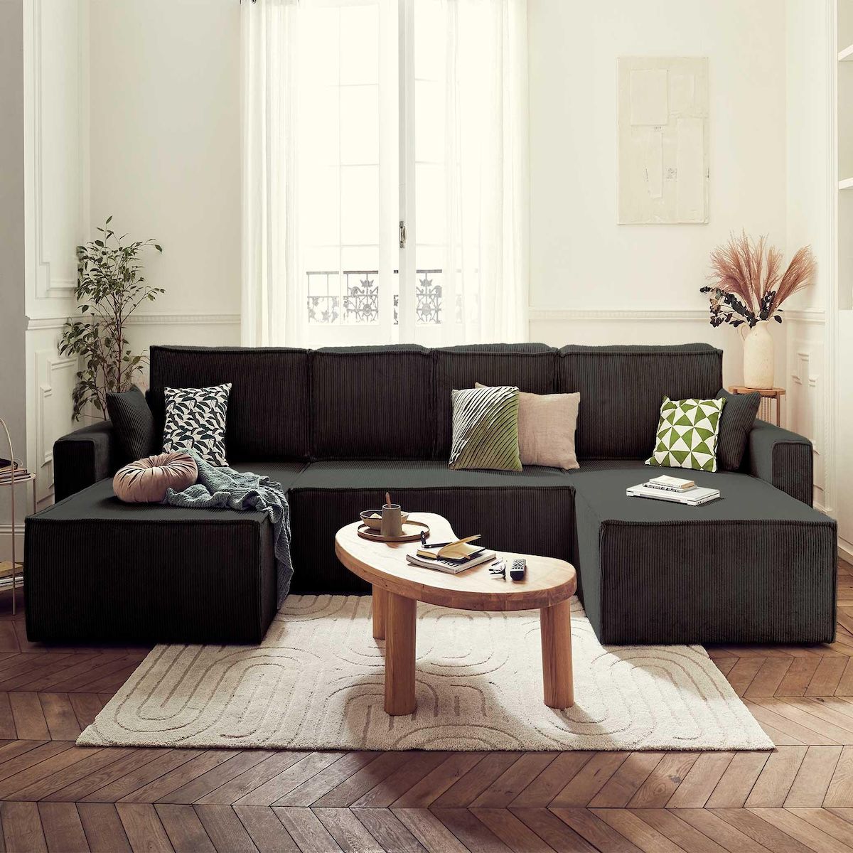 BEST MOBILIER Dellia - canapé panoramique en u - 7 places - convertible - avec coffre - en velours côtelé