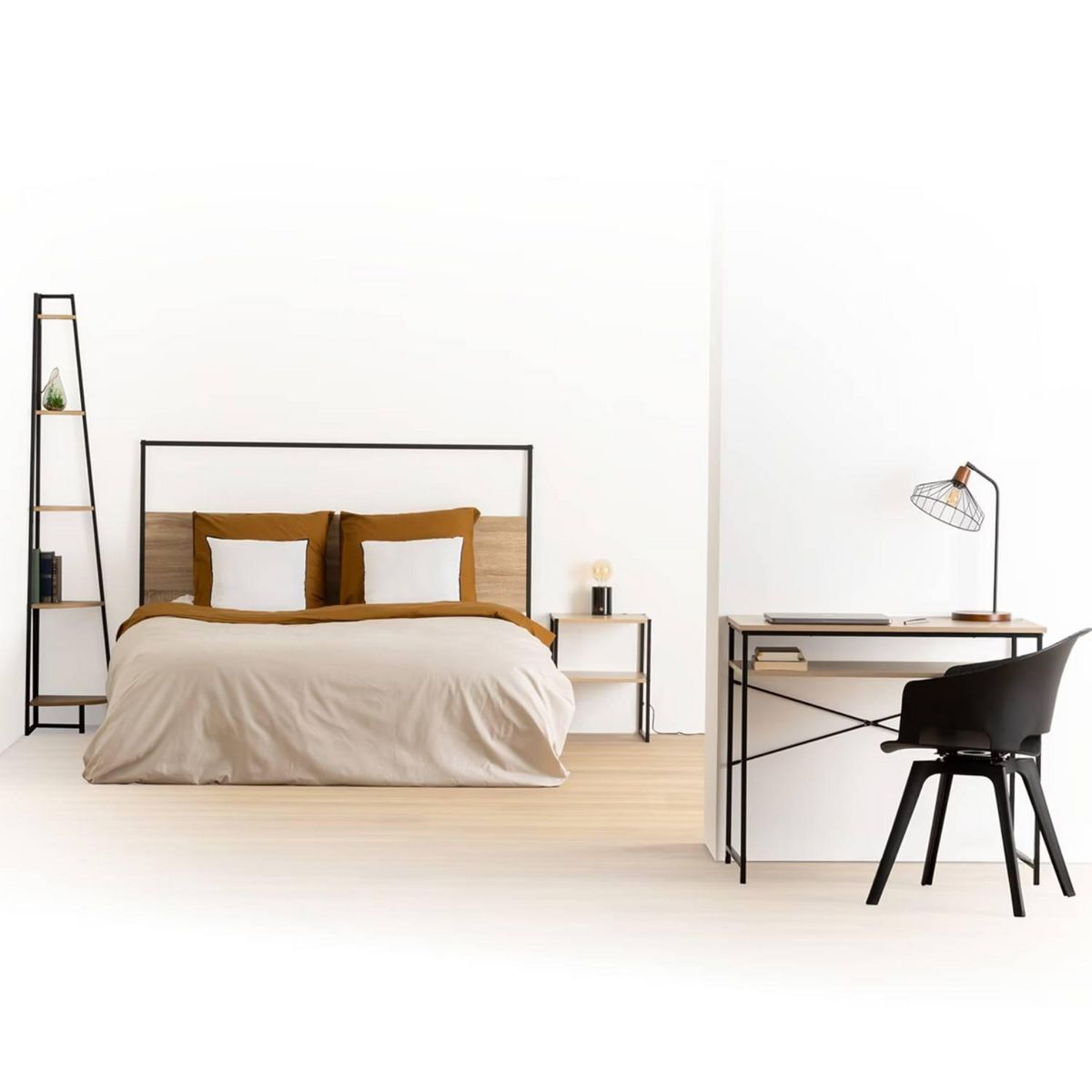 FIVE Tête de lit effet bois et métal ALIAJ - 165 cm - Beige et noir