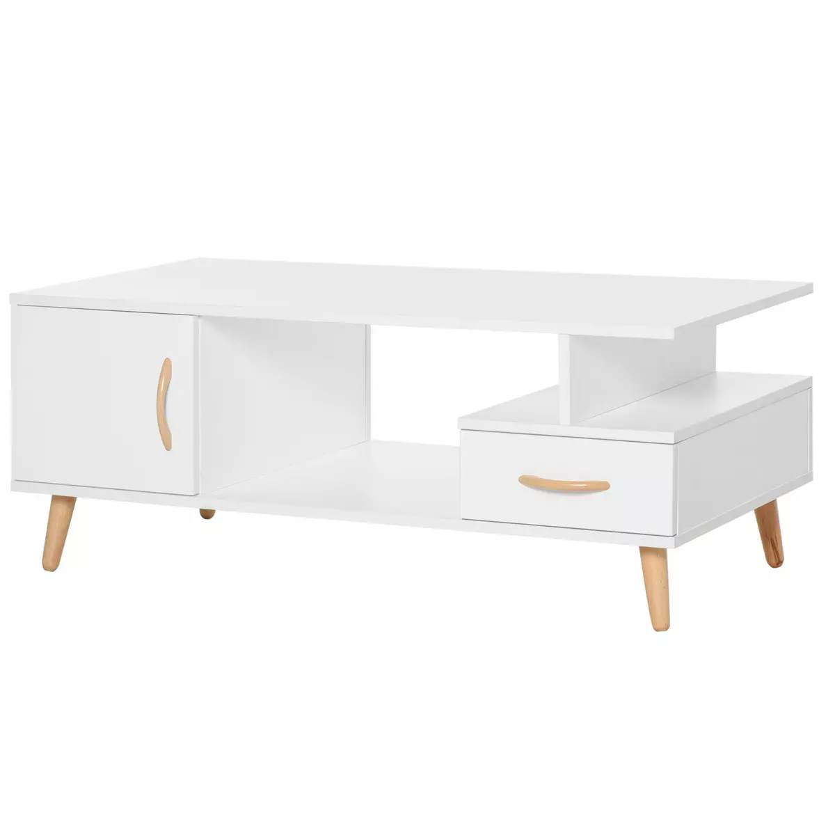 HOMCOM Table basse rectangulaire design scandinave 100L x 50l x 40H cm niche + tiroir & placard bois massif pin panneaux particules blanc