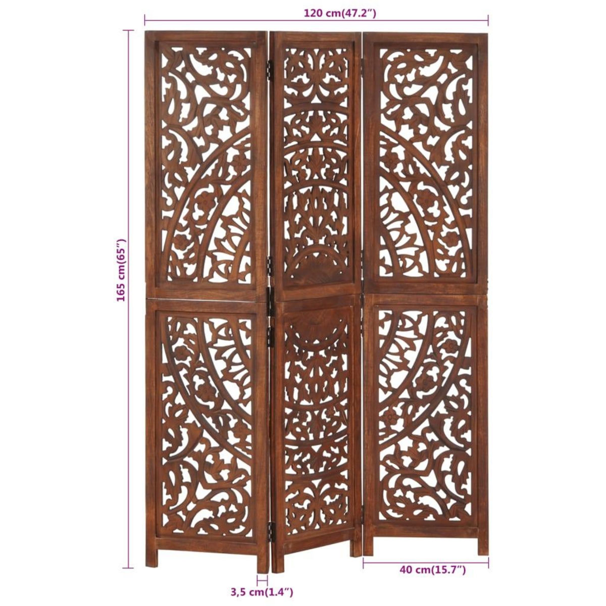 VIDAXL Cloison de separation 3 panneaux Marron 120x165cm Bois manguier