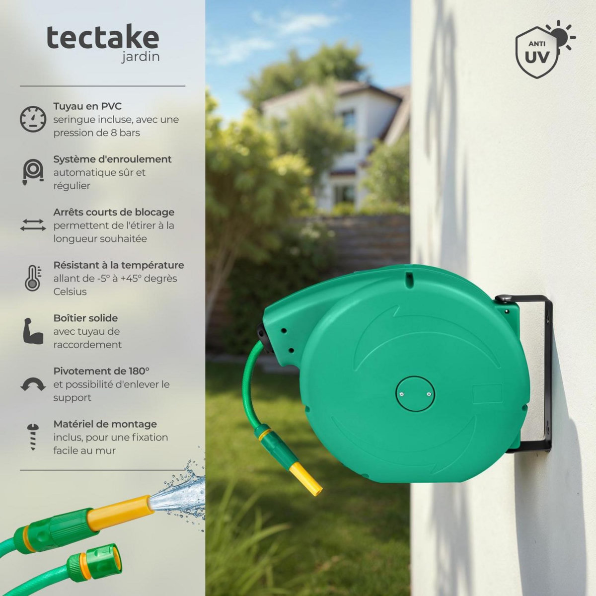 tectake Dévidoir à enroulement automatique pour tuyau d'arrosage avec raccord rapide 1/2 pouce vert