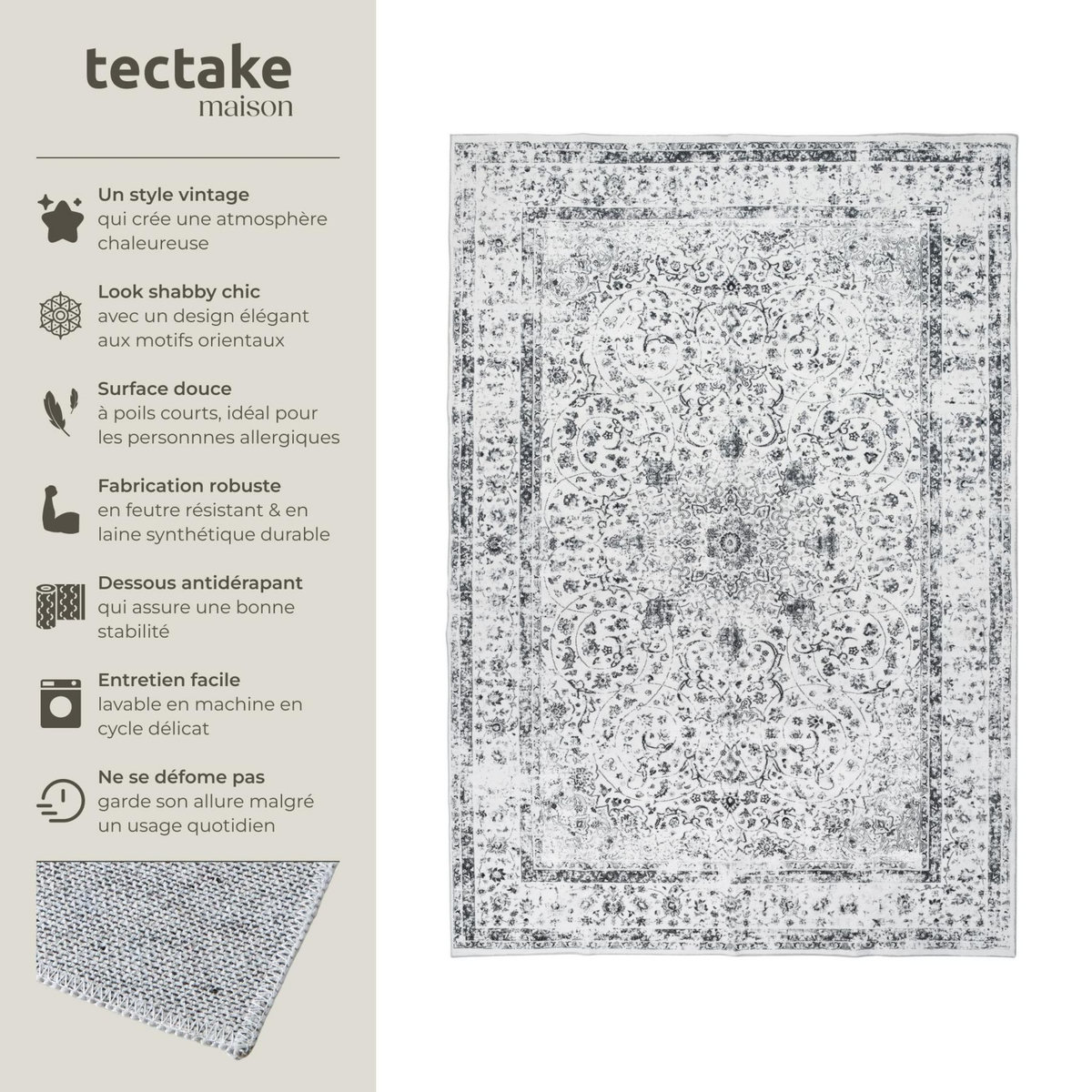tectake Tapis design vintage à poils courts en laine synthétique et feutre gris 120 x 170 cm