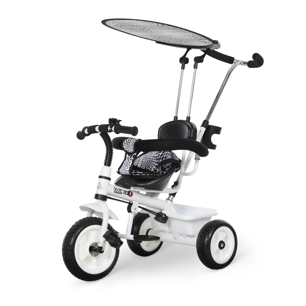 HOMCOM Tricycle enfants pare-soleil pliable canne amovible benne rangement 103 x 47 x 101 cm acier blanc et noir
