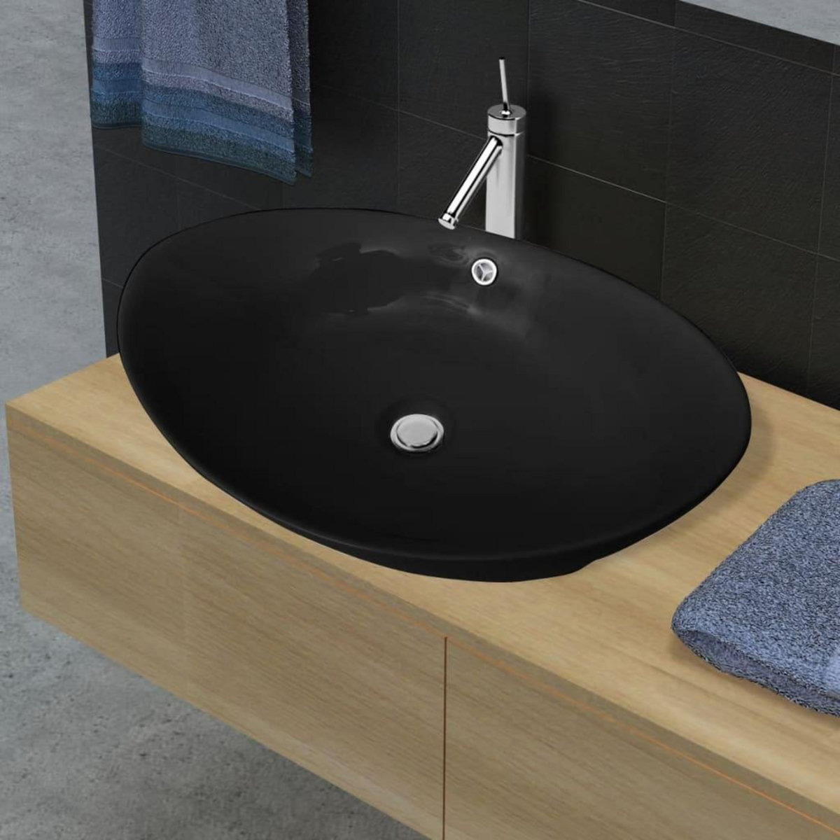 VIDAXL Lavabo ovale en ceramique noir avec trop plein 59 x 38,5 cm