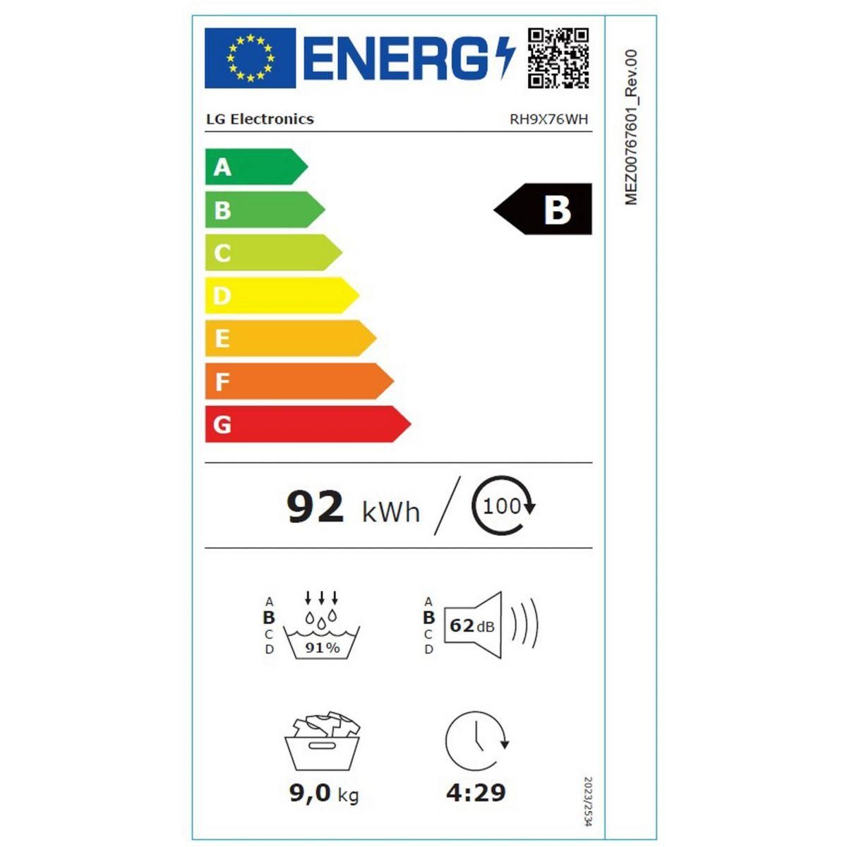 LG Sèche linge pompe à chaleur RH9X76WH
