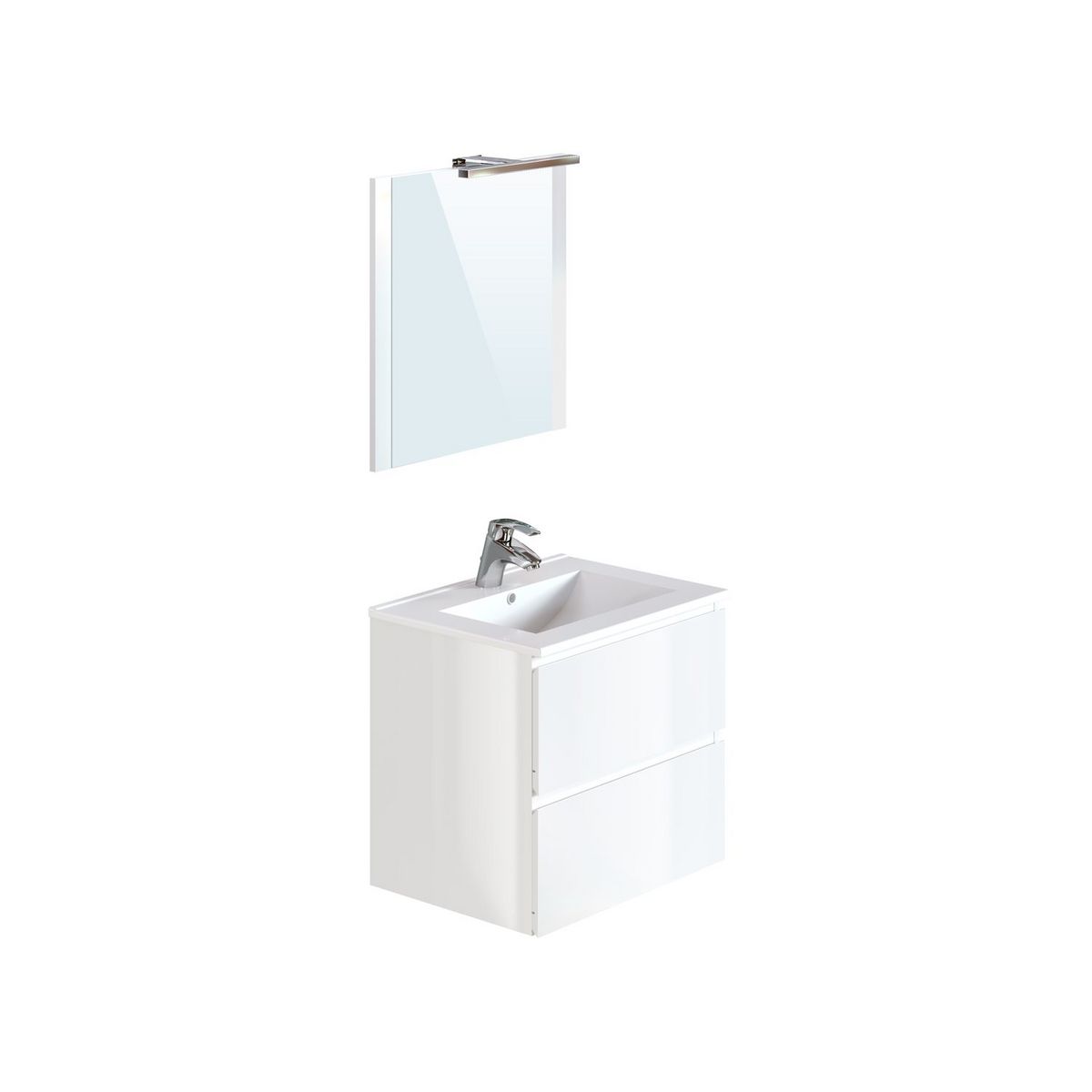 Meuble de salle de bain 1 vasque 2 tiroirs et miroir LED L60cm MILA