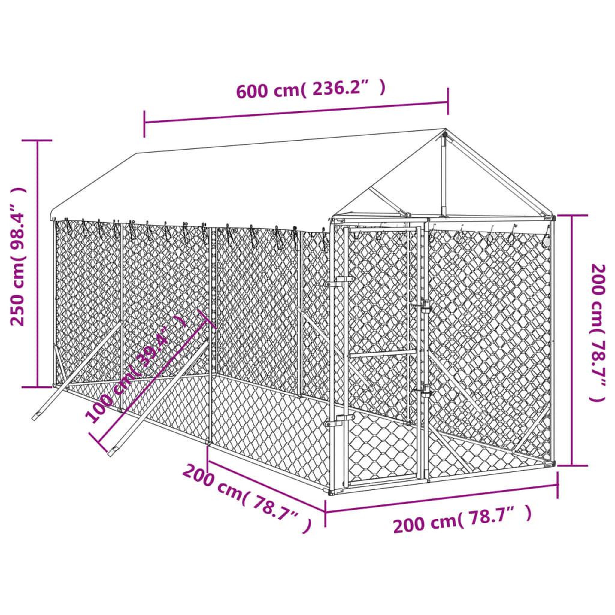 Voir la diapositive 4 : VIDAXL Chenil d'exterieur pour chiens avec toit argente 2x6x2,5 m