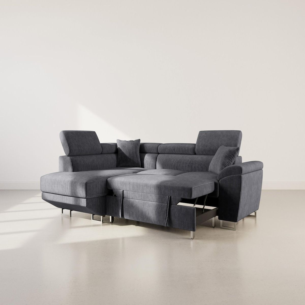 BEST MOBILIER Baoji - canapé d'angle gauche 5 places convertible avec têtières et coffre en velours côtelé