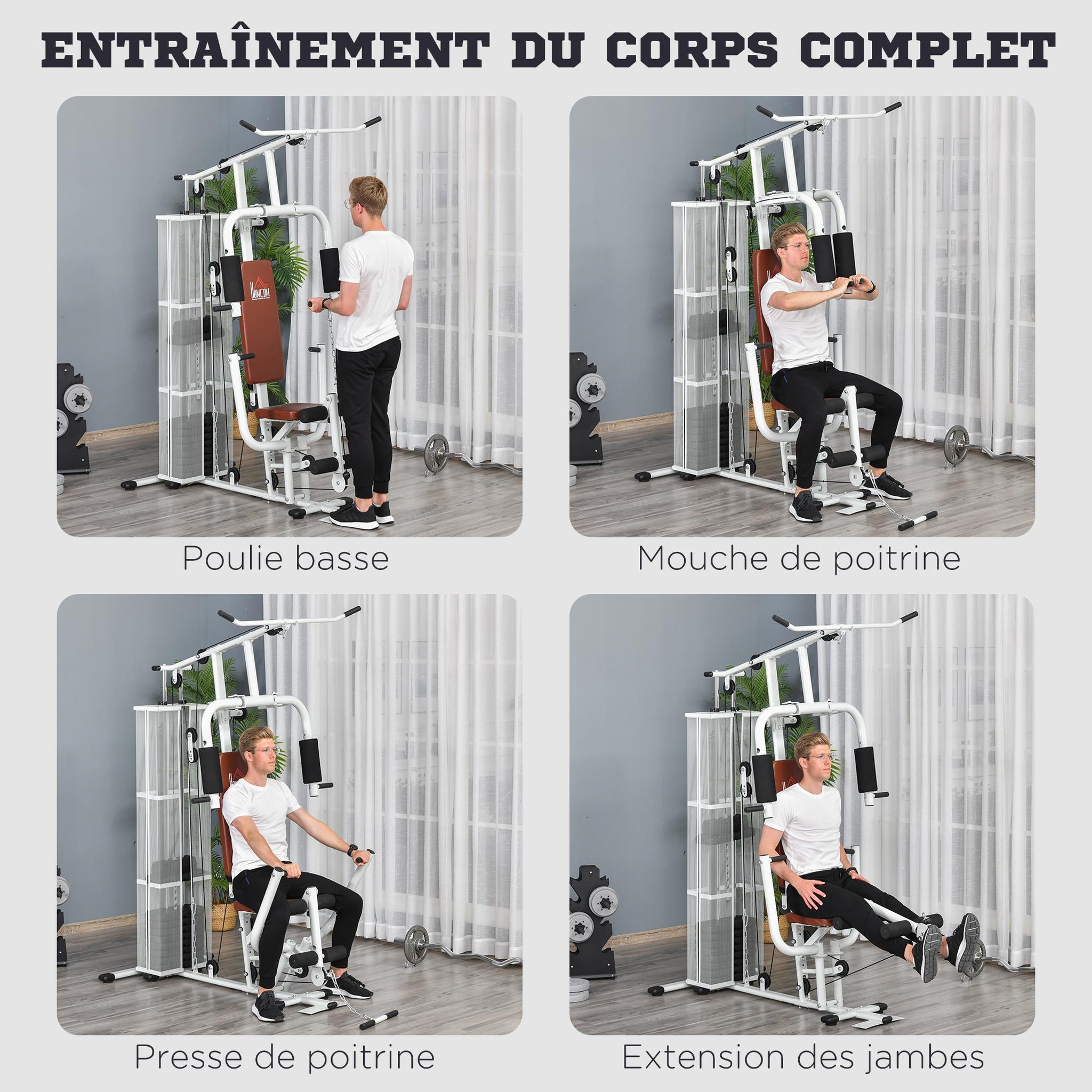 Voir la diapositive 4 : HOMCOM Station de musculation - entrainement complet - développé couché, butterfly, barre latissimus, curler, bande résistance - 10 contrepoids - acier blanc