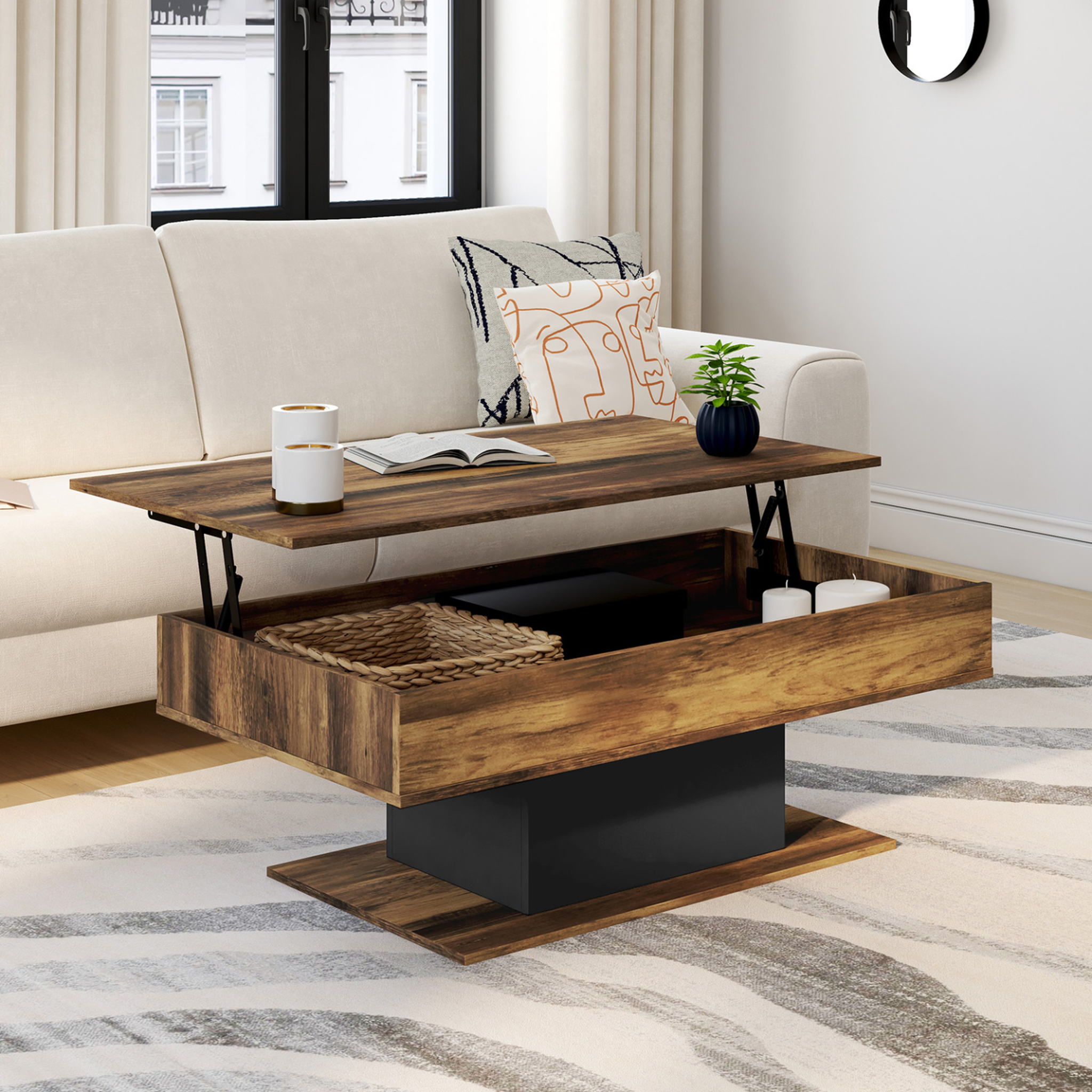 Voir la diapositive 2 : ID MARKET Table basse plateau relevable rectangulaire eden bois foncé effet vieilli et noir