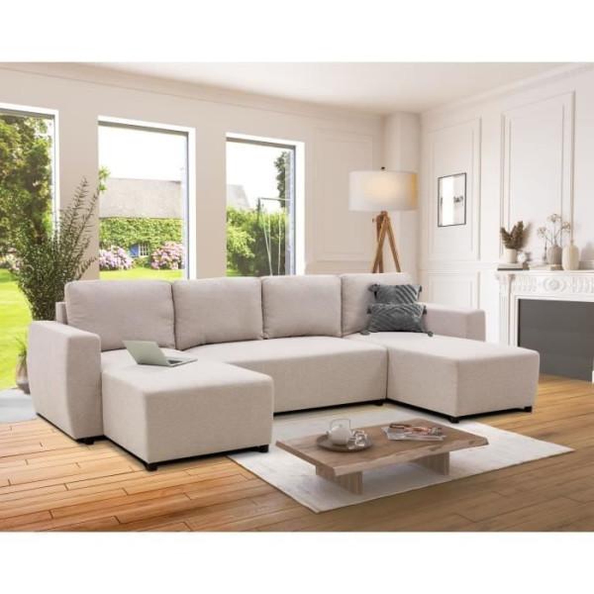 Voir la diapositive 3 : MARKET24 Canapé d'angle convertible panoramique PHARELL 5/6 places - Tissu beige - Coffre de rangement - L297 x P155 x H85 cm