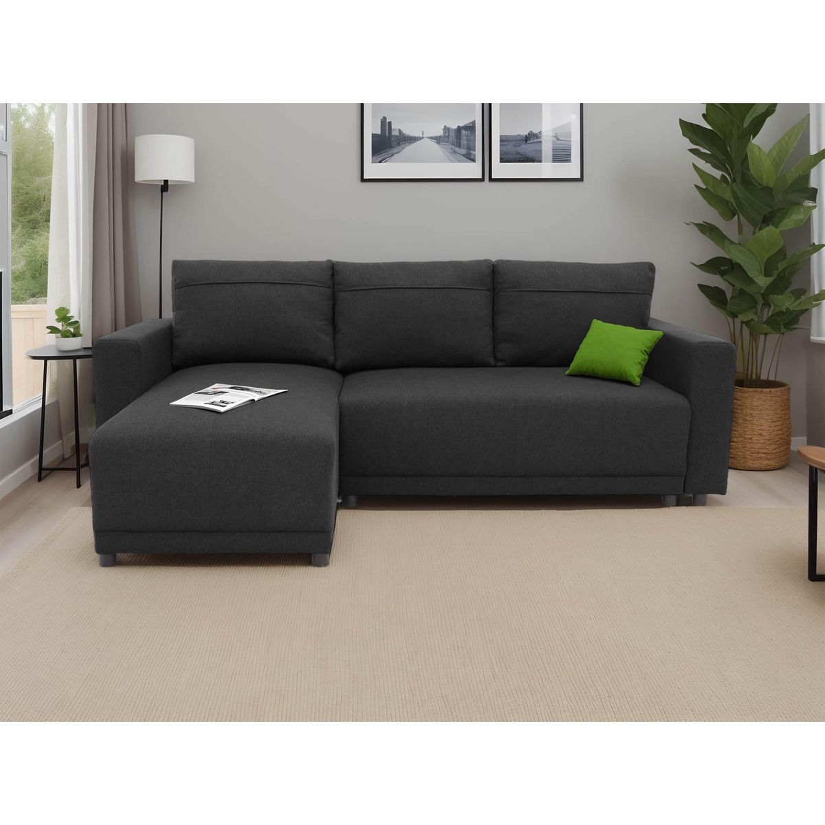 BEST MOBILIER Pilea - canapé d'angle réversible 4 places - convertible avec coffre - en tissu