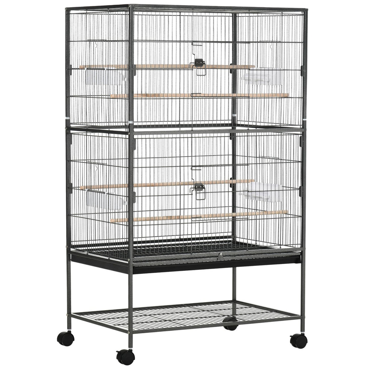 PAWHUT Cage oiseau mobile dim. 78x52x132cm - 4 perchoirs, mangeoires, plateau déjection, étagère - acier époxy gris moucheté