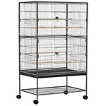PAWHUT Cage oiseau mobile dim. 78x52x132cm - 4 perchoirs, mangeoires, plateau déjection, étagère - acier époxy gris moucheté
