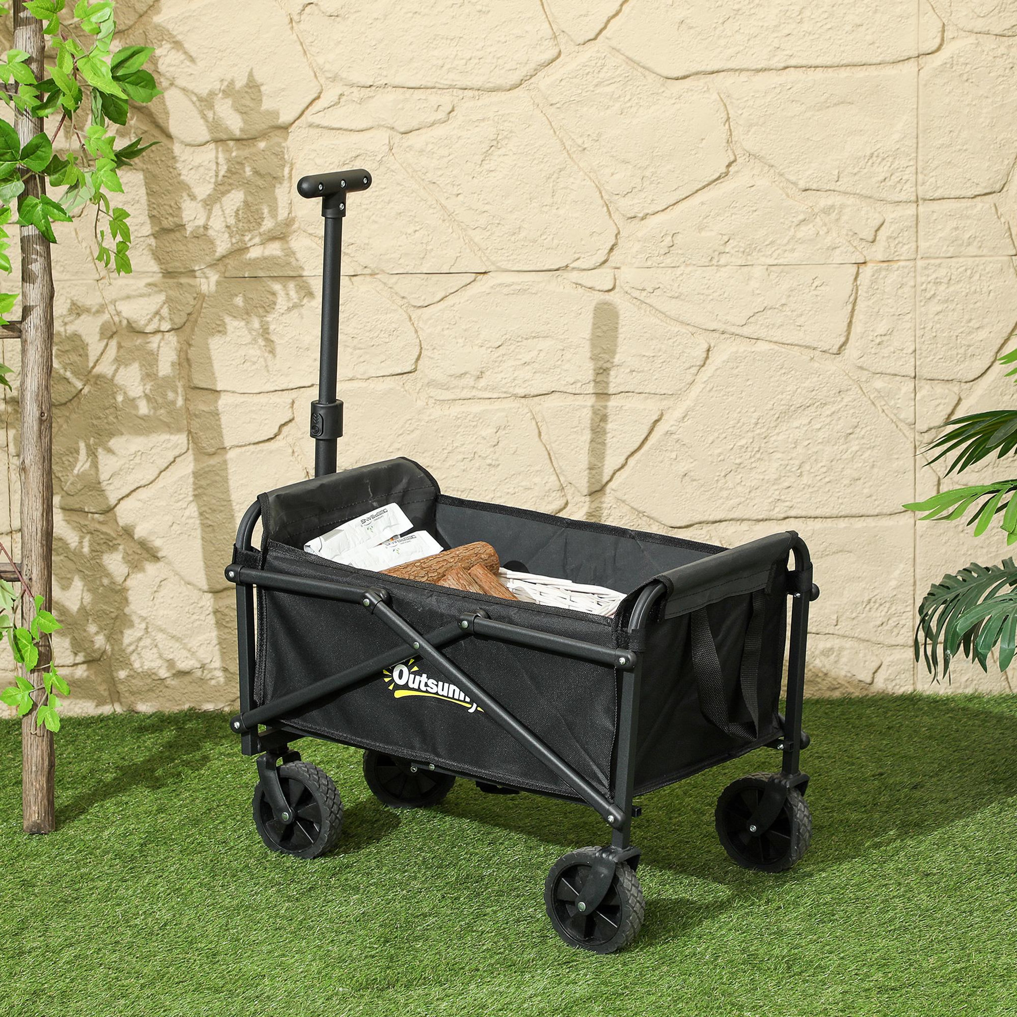 Voir la diapositive 2 : OUTSUNNY Chariot de jardin pliable 60 kg max. Poignée télescopique réglable métal oxford noir