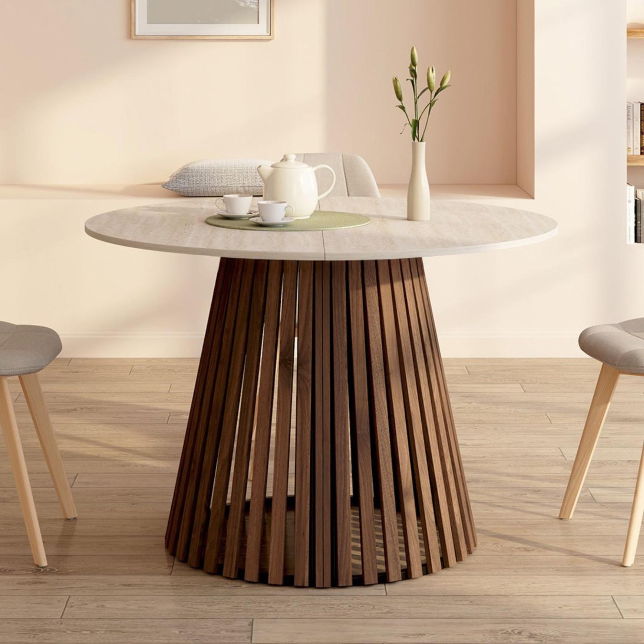 Voir la diapositive 4 : ID MARKET Table à manger extensible ronde carmen 4-10 personnes pied noyer en lattes et plateau effet travertin 110-200 cm
