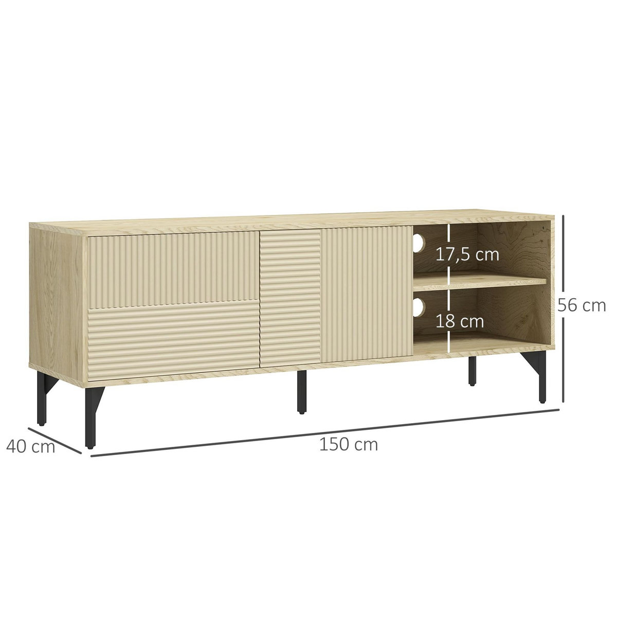 HOMCOM Meuble TV banc TV design Urban Craft - 2 portes, 2 étagères, 2 niches - piètement acier noir - aspect chêne clair