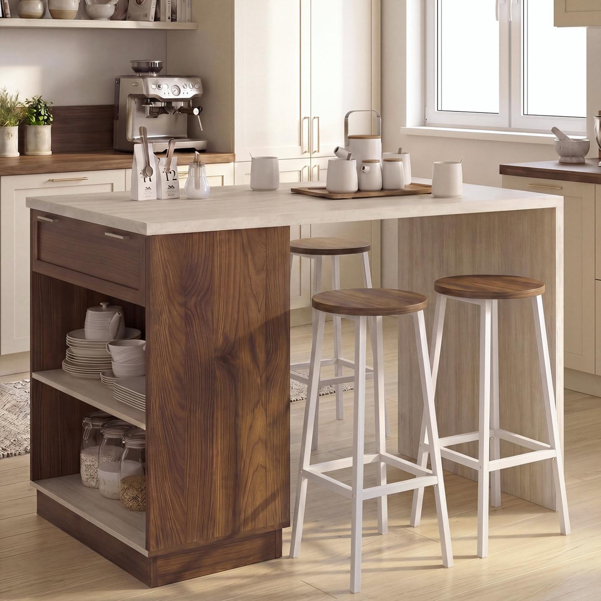 Voir la diapositive 2 : ID MARKET Ilot central mange-debout 4 personnes vito 130 cm bois noyer et plateau effet travertin