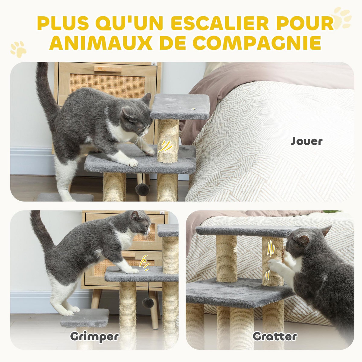 PAWHUT Escalier pour chat 3 marches - 6 poteaux griffoirs, jeu boule suspendue - sisal peluche gris