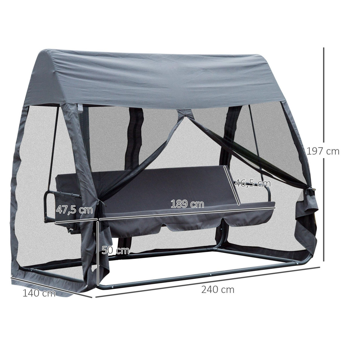 OUTSUNNY Balancelle de jardin convertible 3 places grand confort : matelas assise dossier, moustiquaire intégrale zippée avec toit,  pochette rangement métal époxy polyester gris