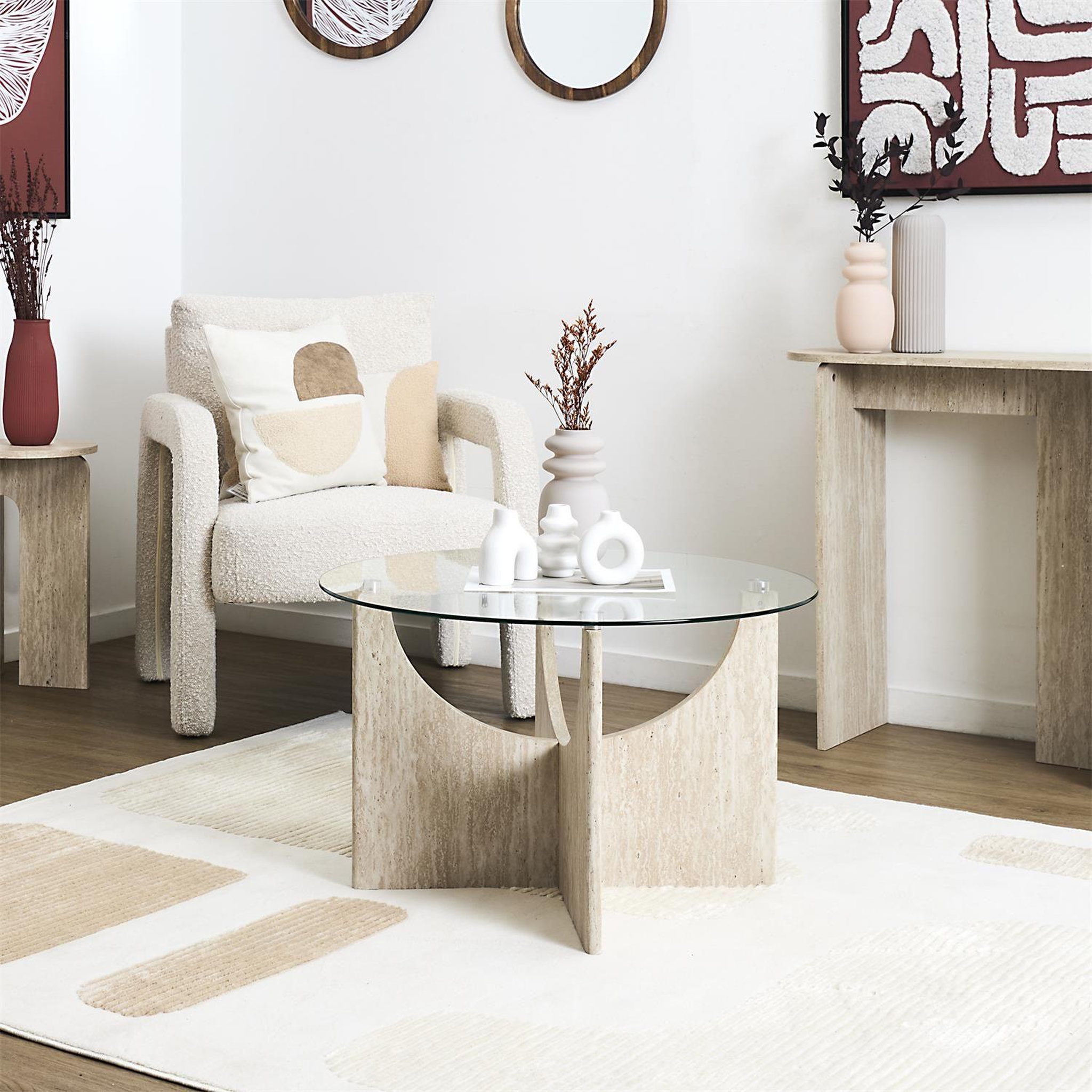 Voir la diapositive 6 : The Home Deco Factory Table basse ronde effet travertin et verre pietra - beige