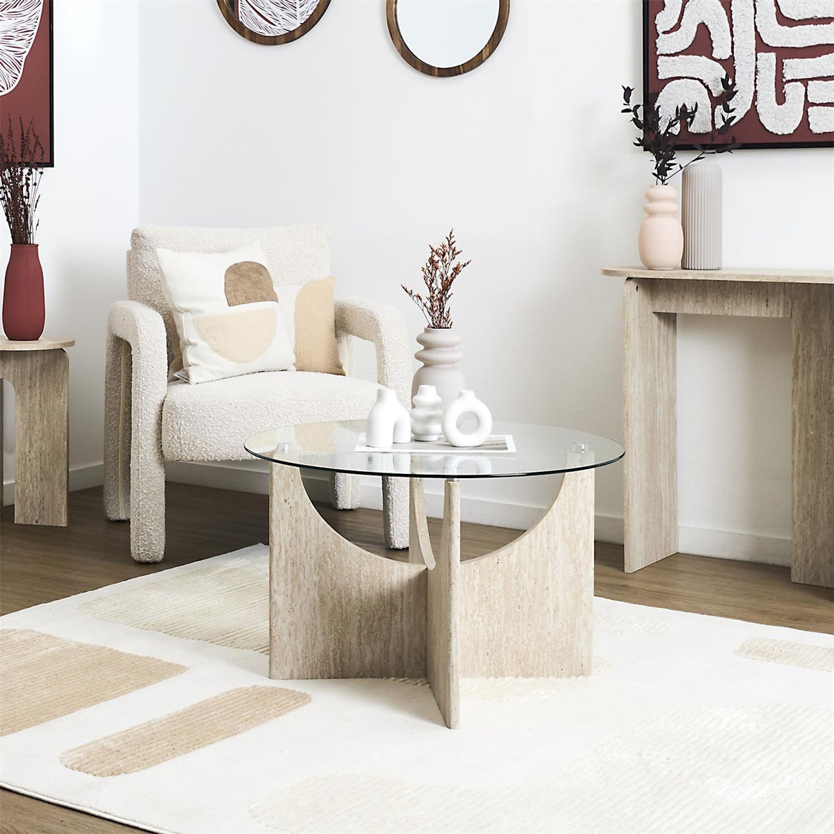 The Home Deco Factory Table basse ronde effet travertin et verre PIETRA - Beige