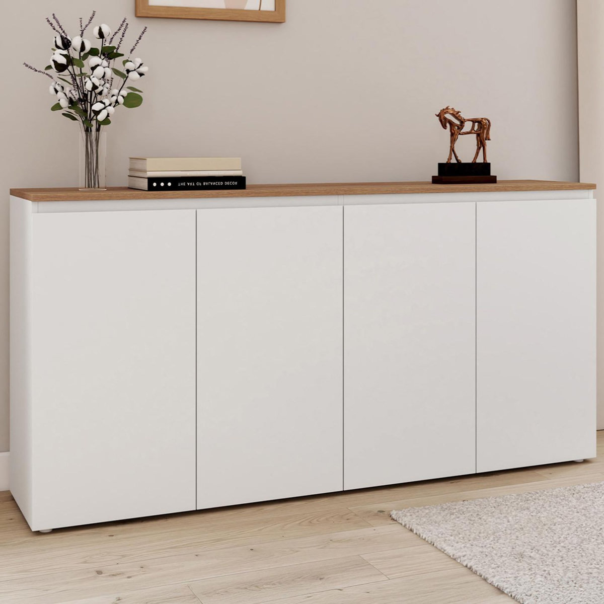 ID MARKET Buffet 160 cm TOBY 4 portes blanc et plateau bois