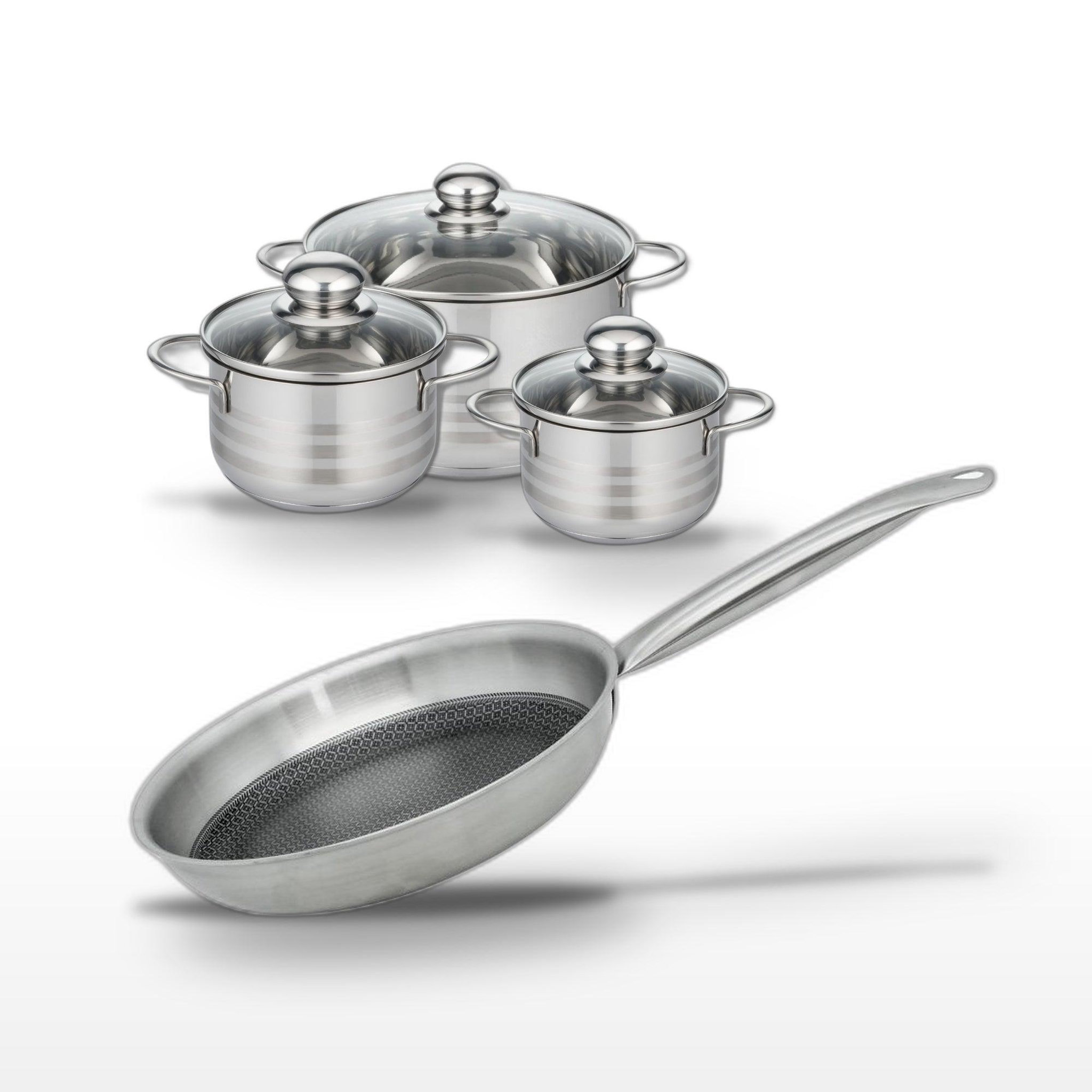ELO Batterie de cuisine avec 1 poêle 24 cm et 3 faitouts 14/16/20 cm en inox sans pfas elo collection relief solution brillant